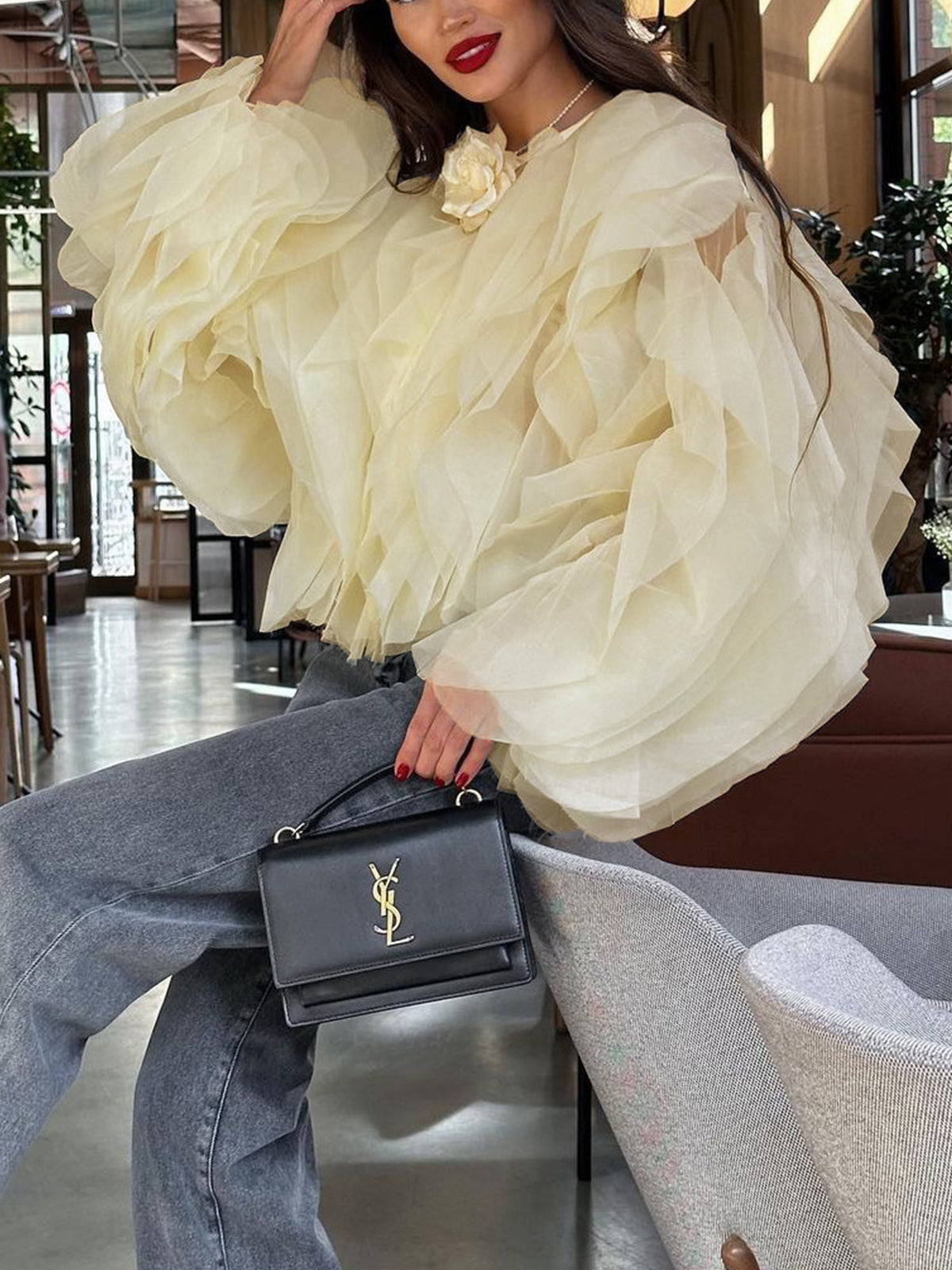 Semi-sheer Chiffon Ruffled Crew Neck Blouse