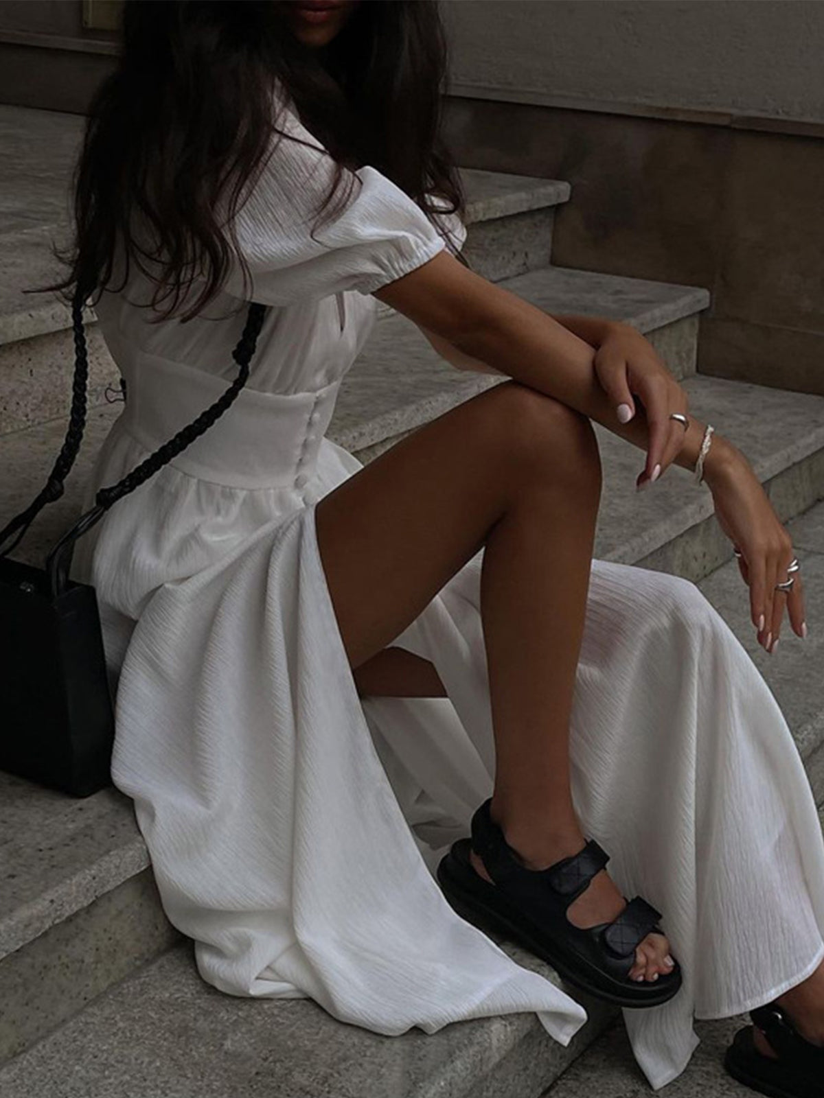 Frenchy Button Split Long Dress