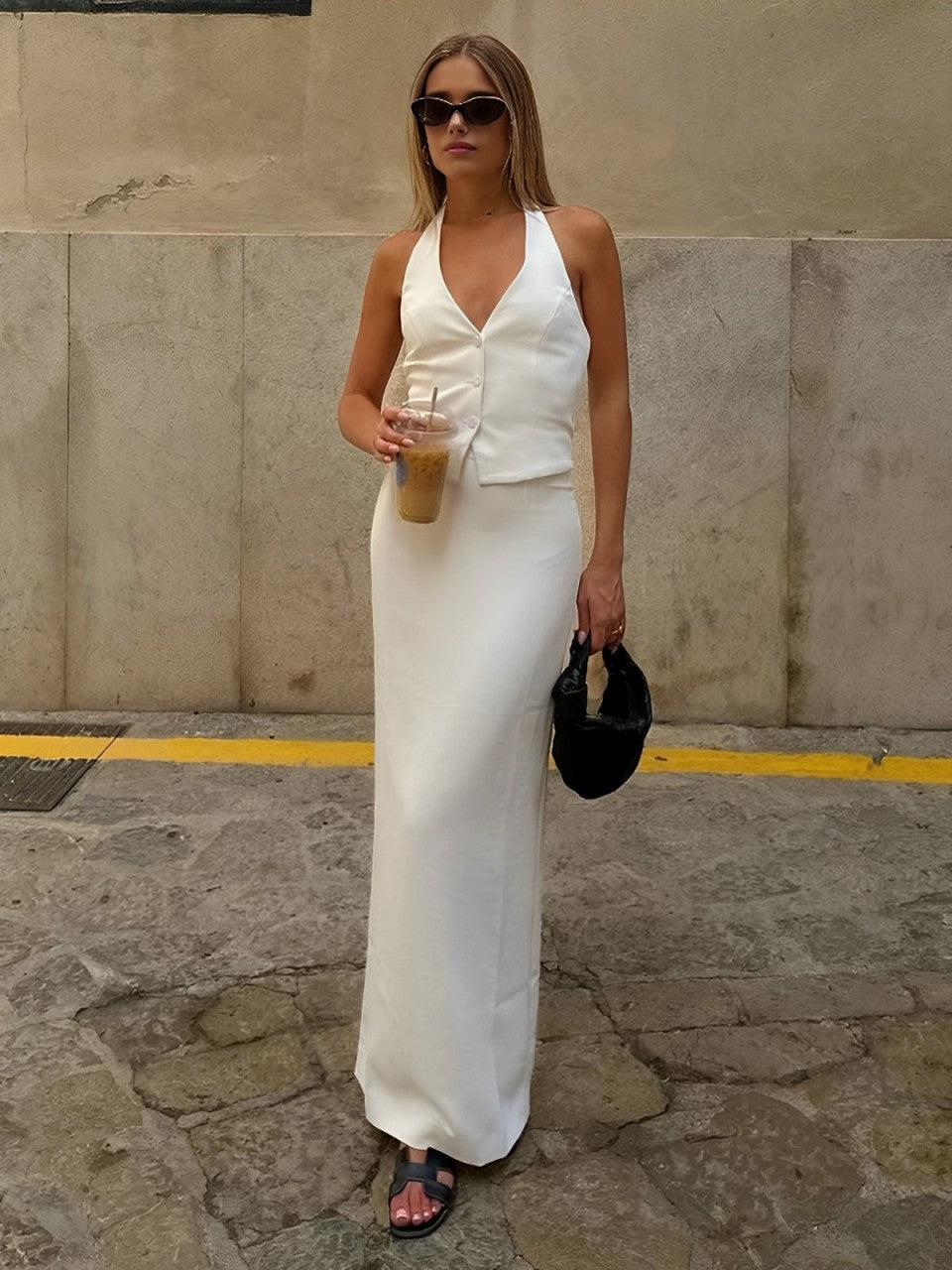 Ensemble haut dos nu à col V et jupe longue fendue