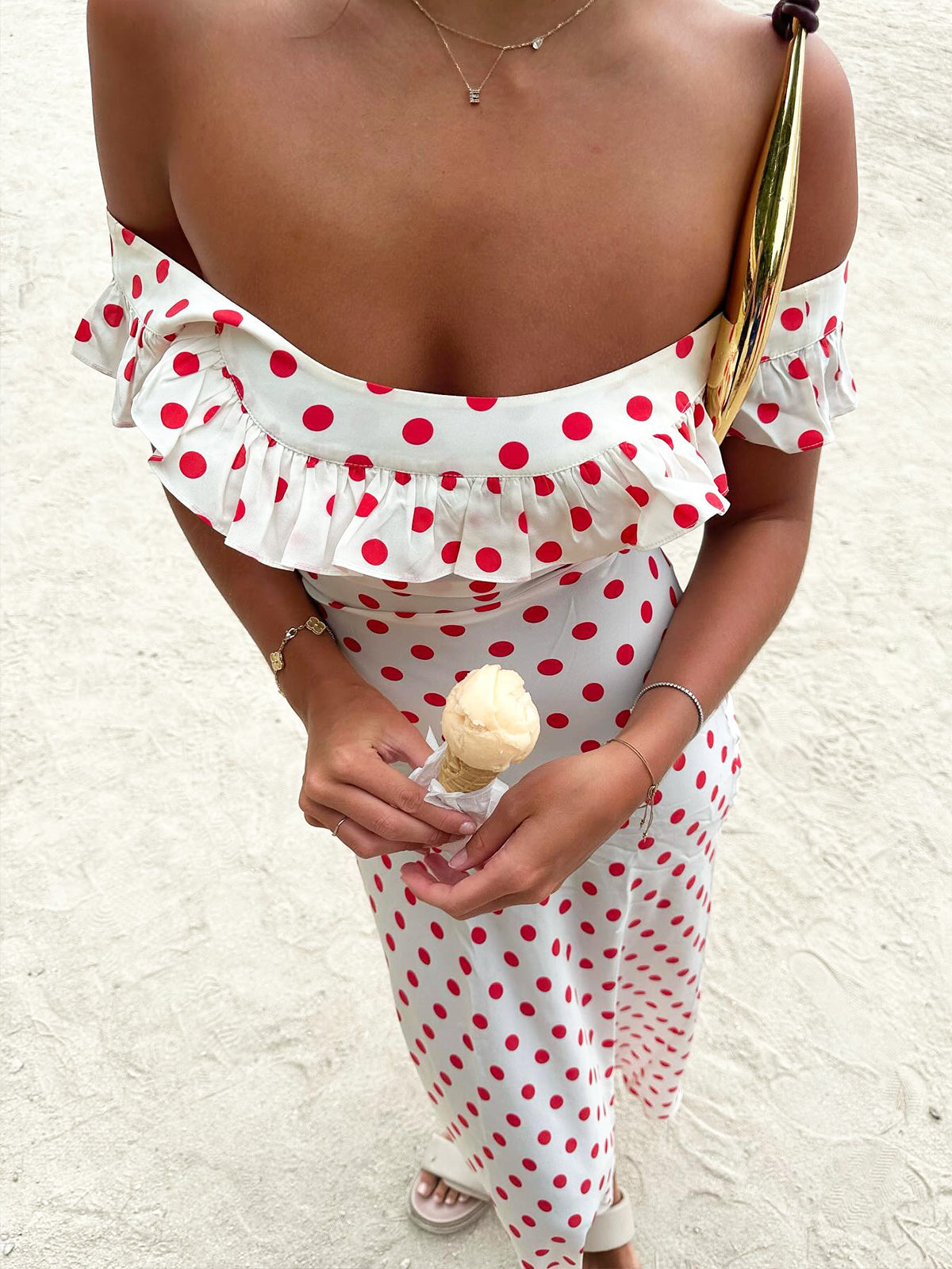 Semi-Sheer Polka Dot Ruffle Hem Off-Shoulder Long Dress