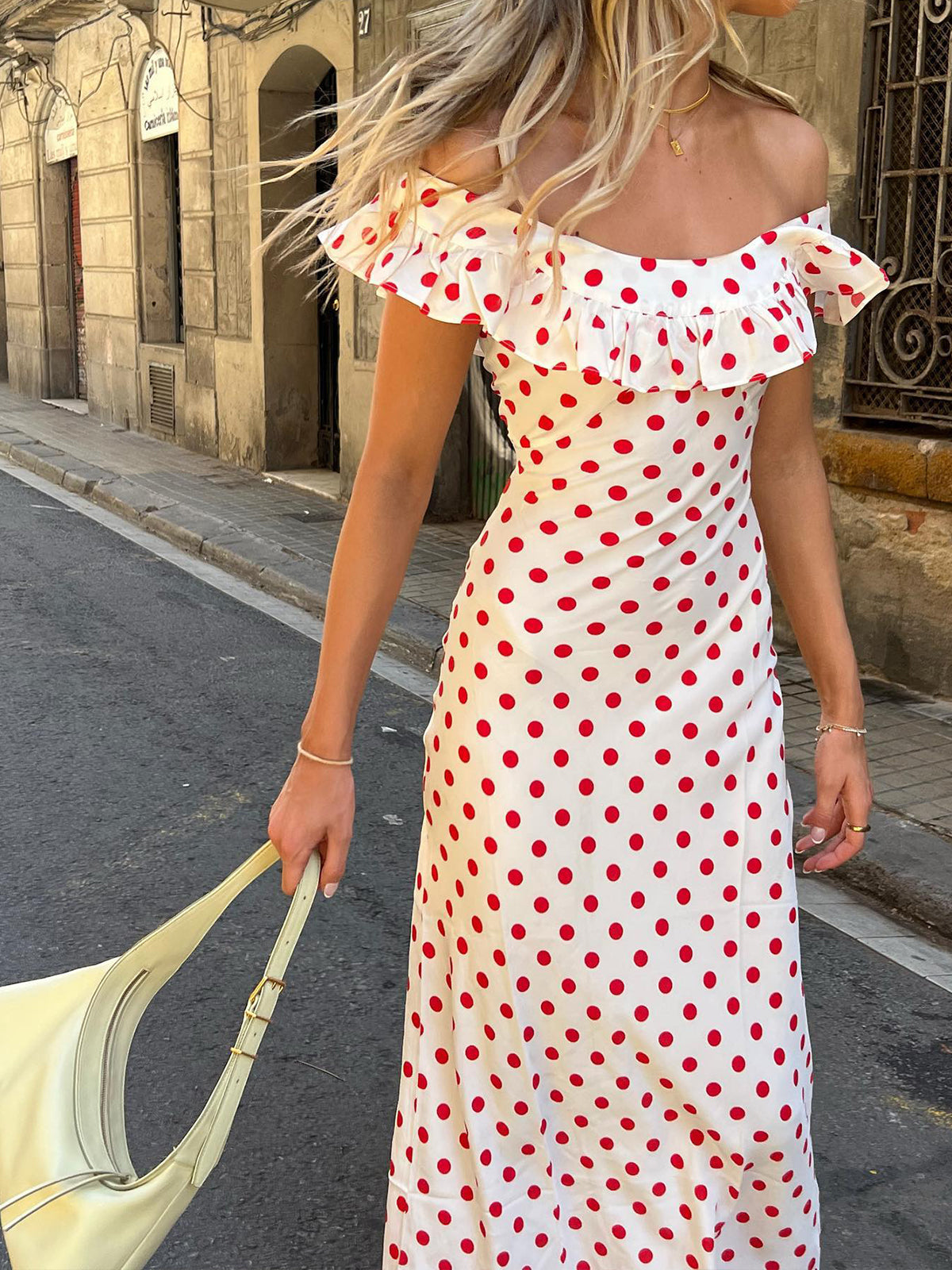 Semi-Sheer Polka Dot Ruffle Hem Off-Shoulder Long Dress
