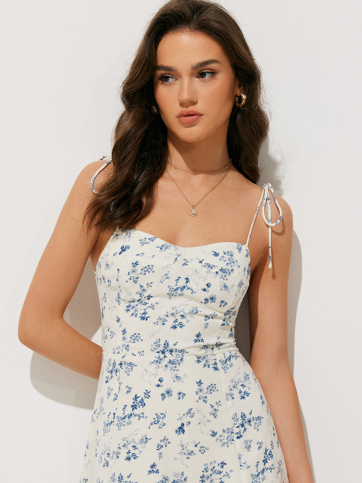 Semi-Sheer Floral Print Shirred Cami Long Dress