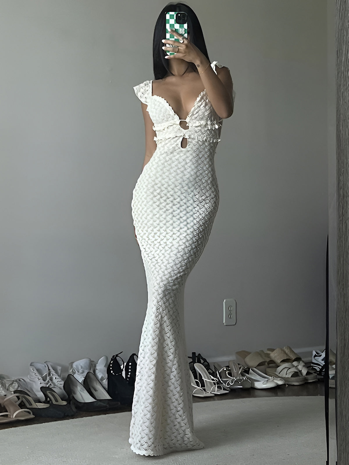 Semi-Sheer Pearl Keyhole Neckline Cami Long Dress