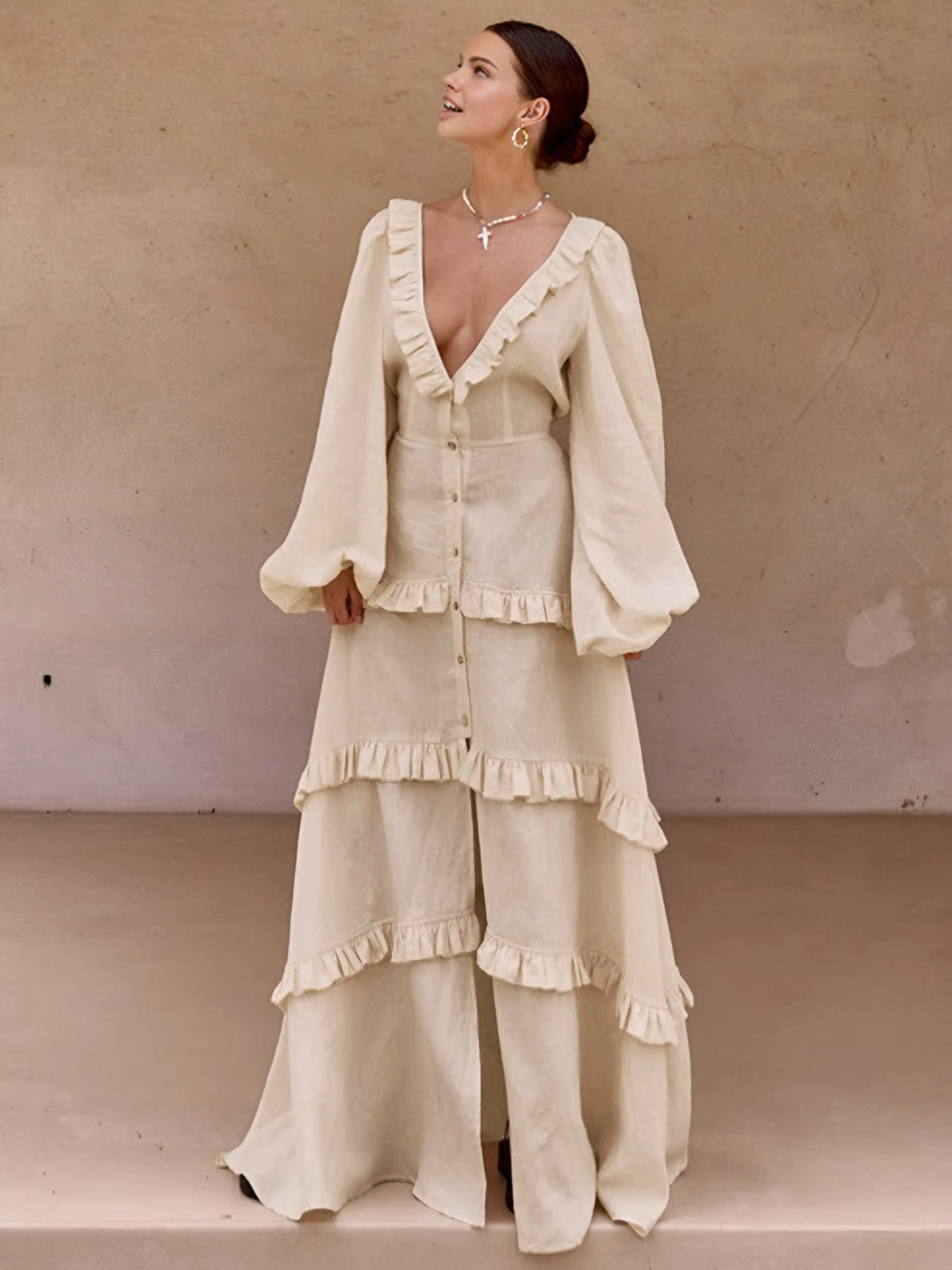 Cotton & Linen Semi-Sheer Ruffle Trim Long Dress