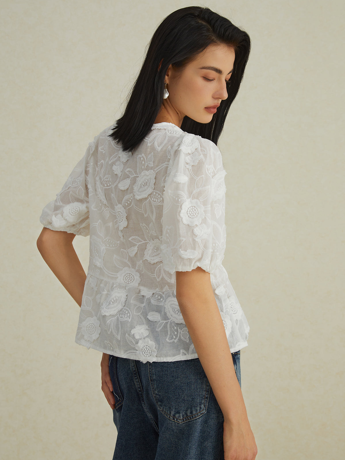 Semi-Sheer Floral Knotted Puff Sleeve Blouse