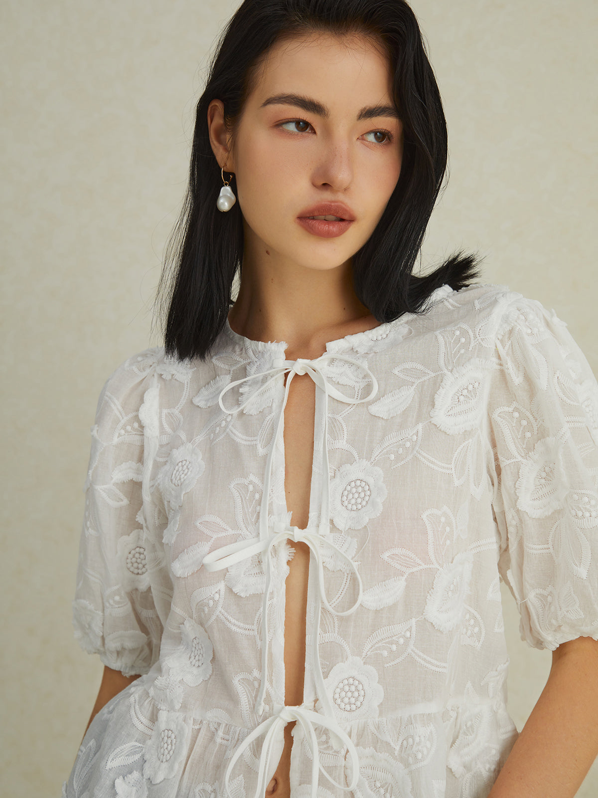 Semi-Sheer Floral Knotted Puff Sleeve Blouse