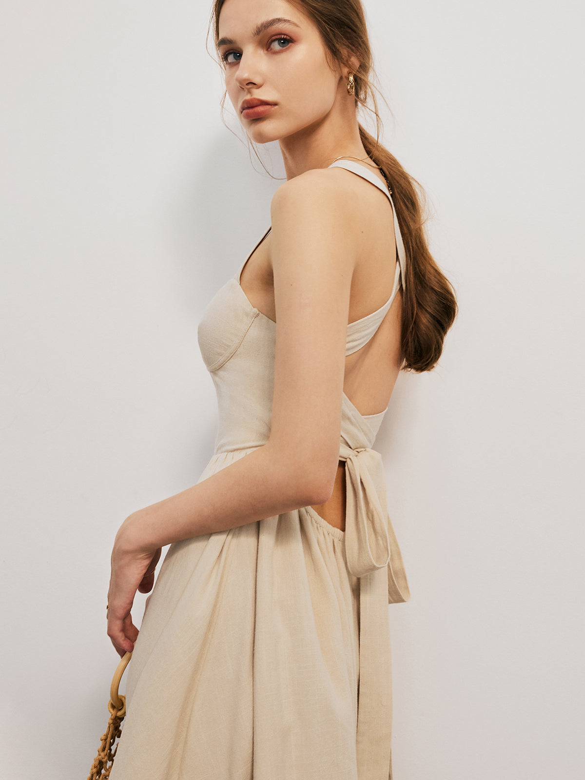 Robe courte nouée croisée en coton et lin