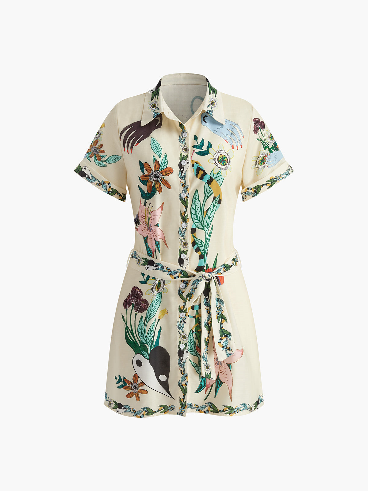 Robe courte imprimée à col et ceinture