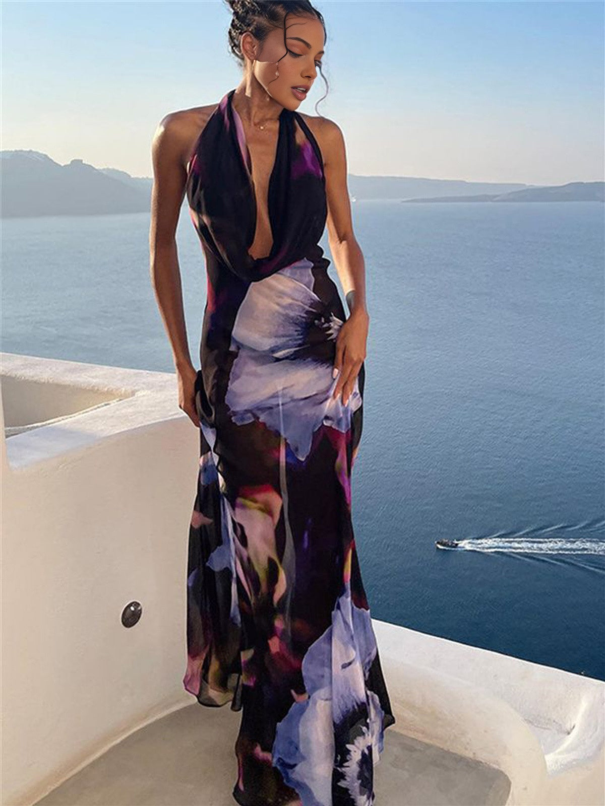 Robe dos nu imprimée semi-transparente