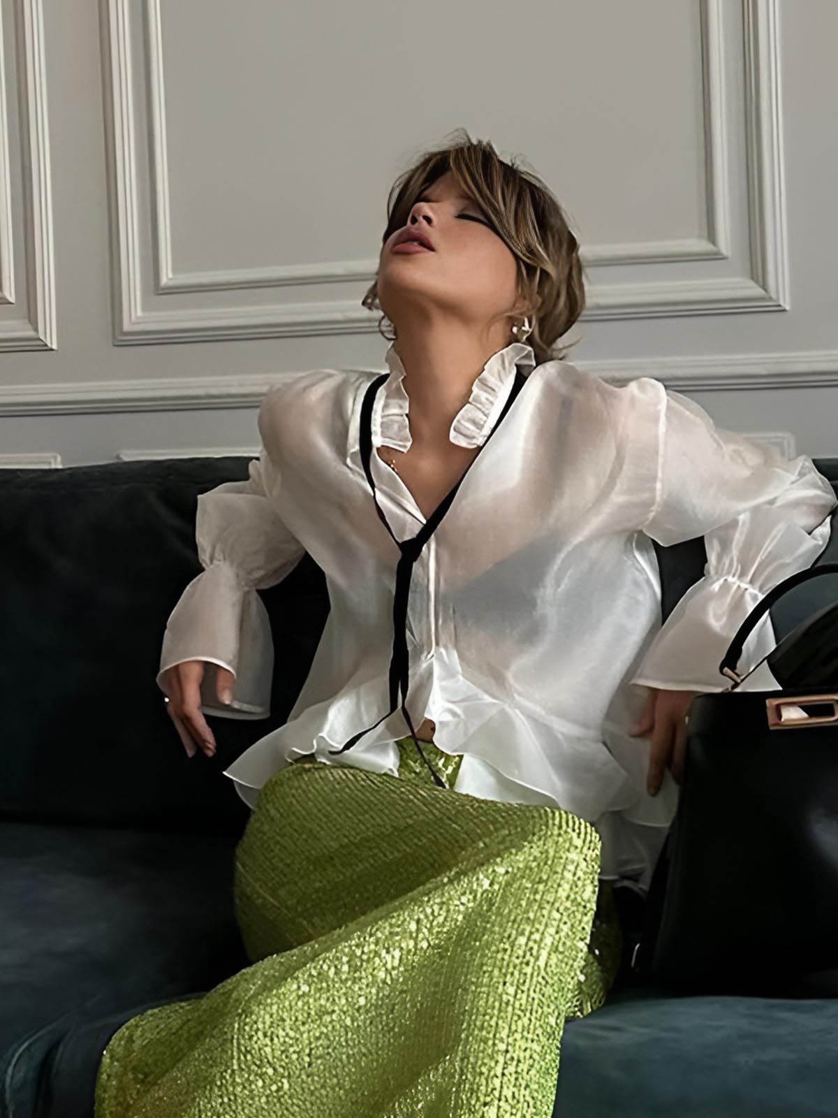 Semi-Sheer Tie-Neck Ruffle Shirt