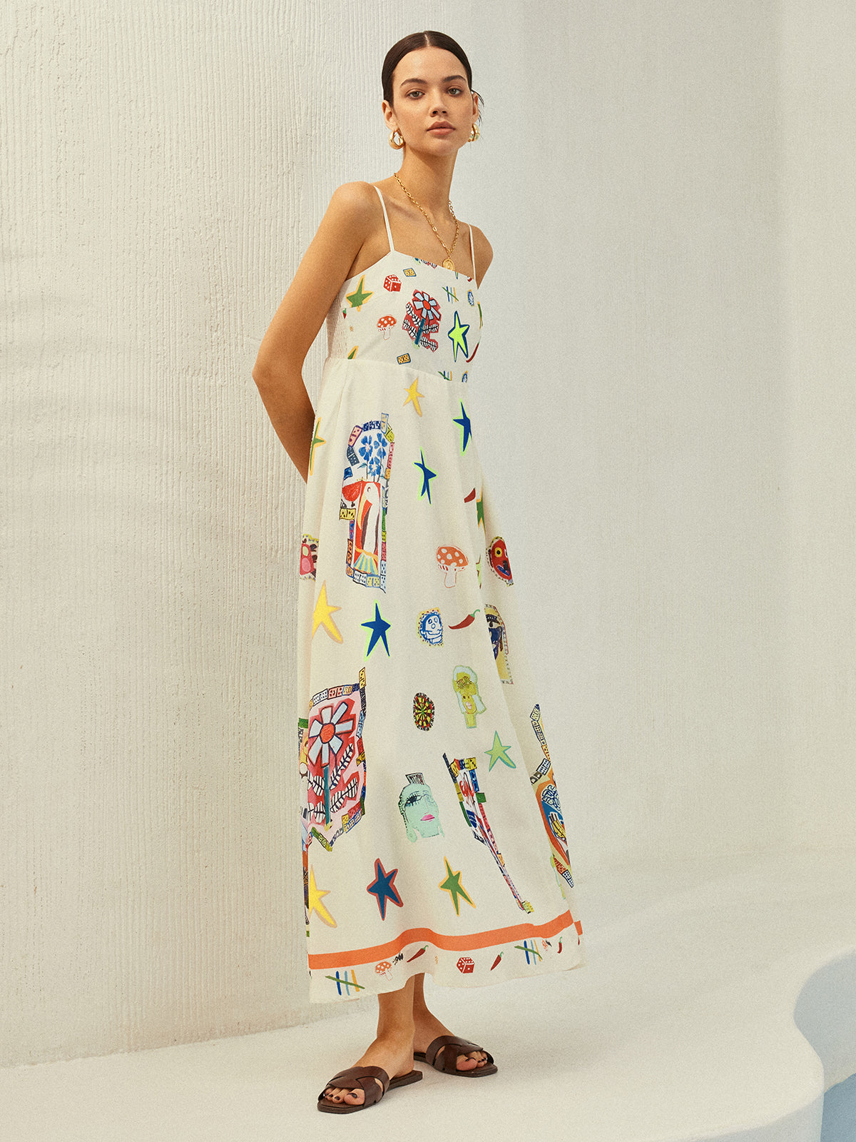 Adjustable Strap Print Dress With Pockets