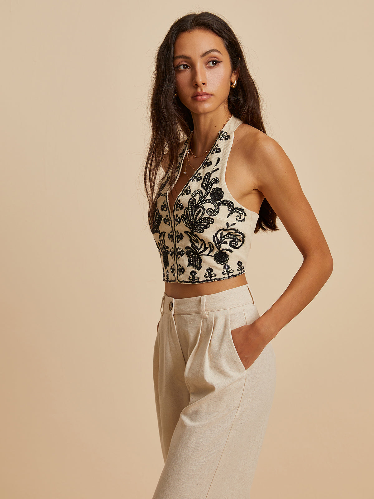 Embroidery Print V-Neck Halter Top