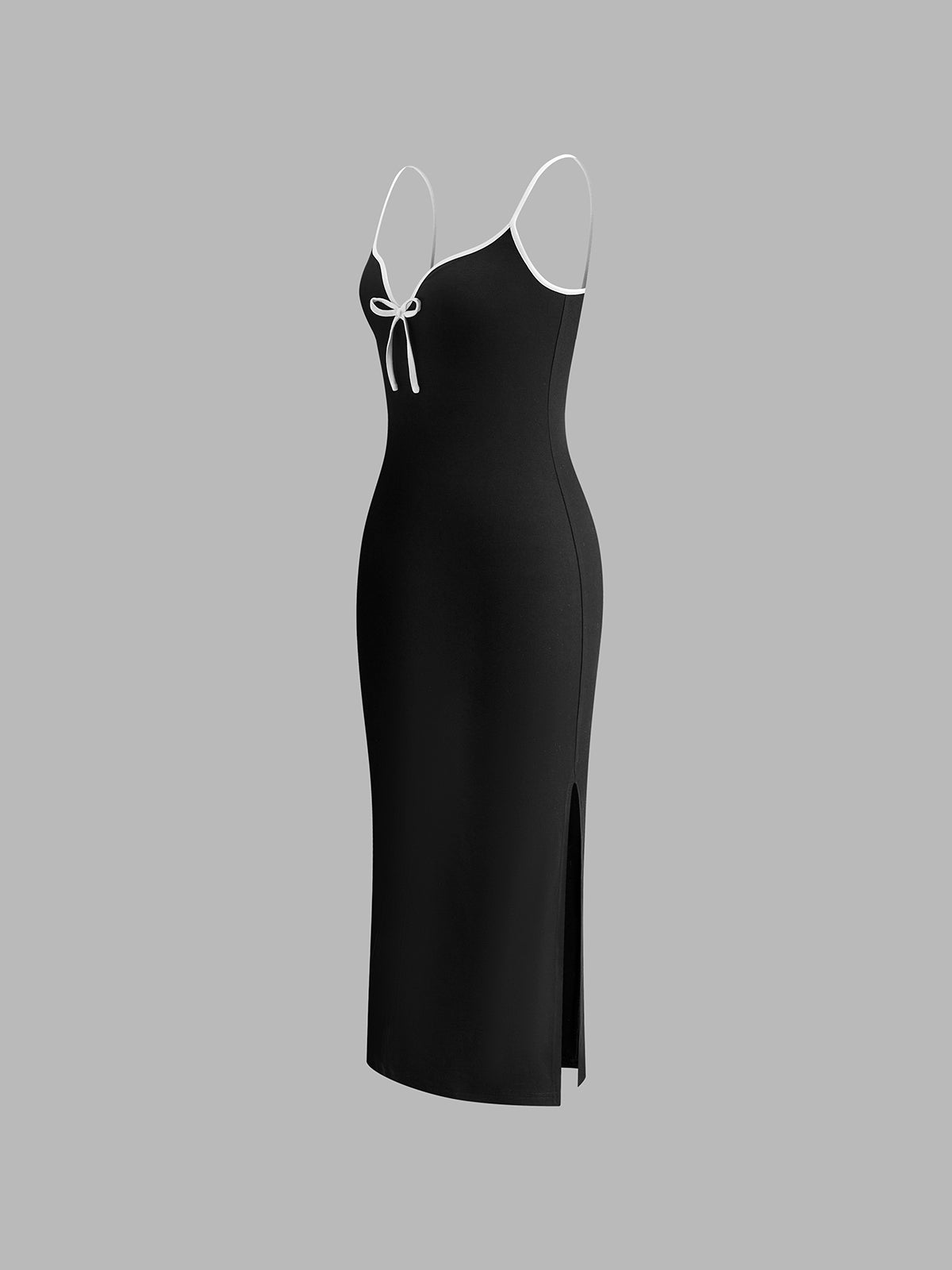 Robe longue à bretelles côtelées et nœud contrastant