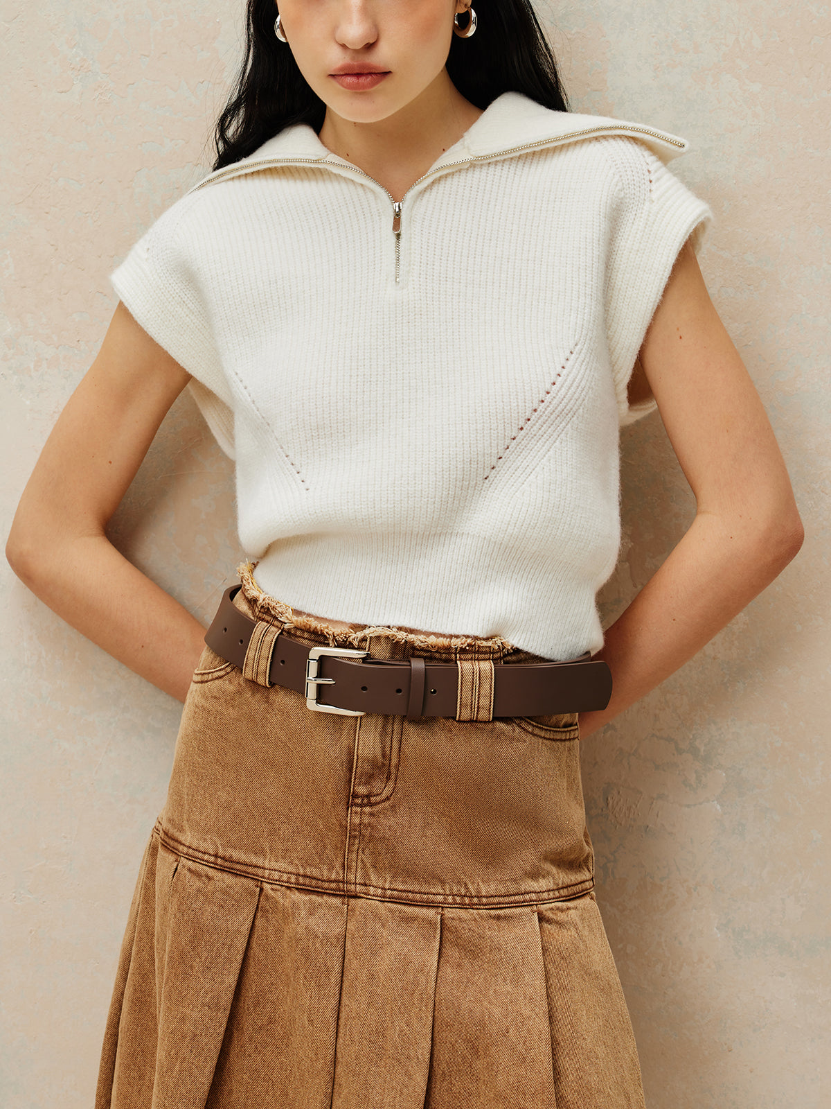 Gilet sans manches à revers côtelé et fermeture éclair