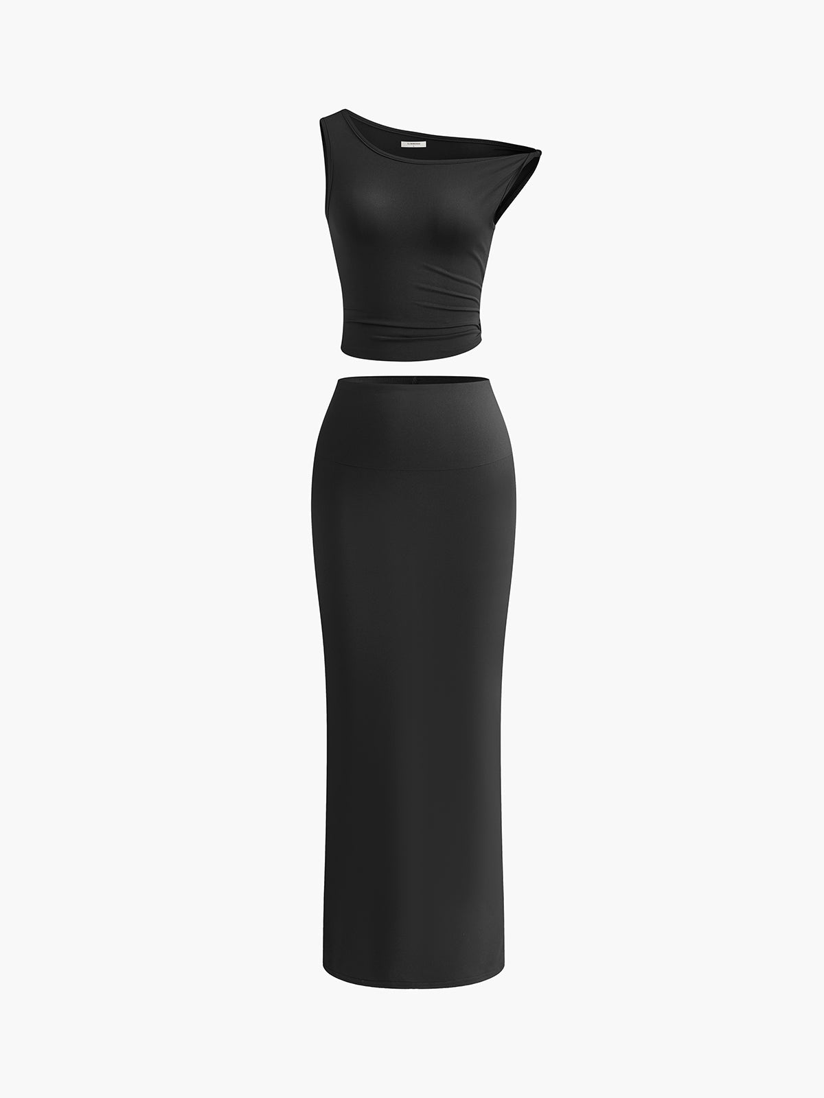 Ensemble haut asymétrique froncé et jupe longue fendue