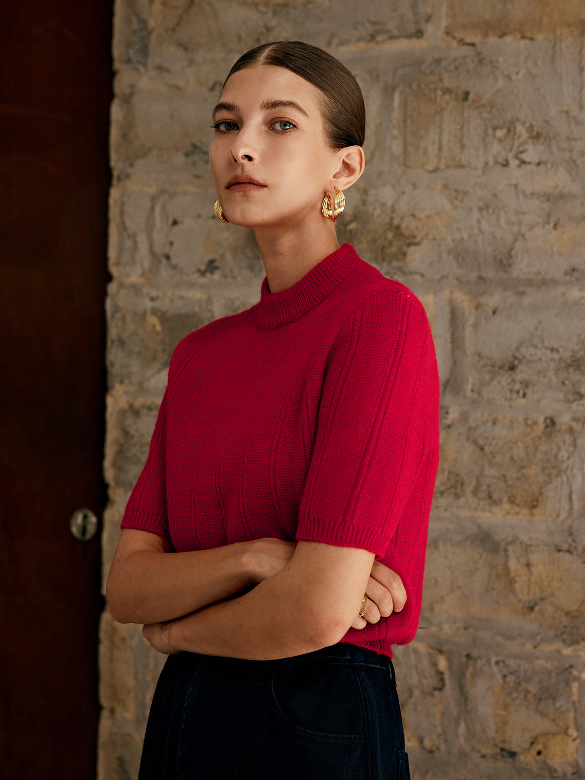 Haut rétro uni en maille côtelée