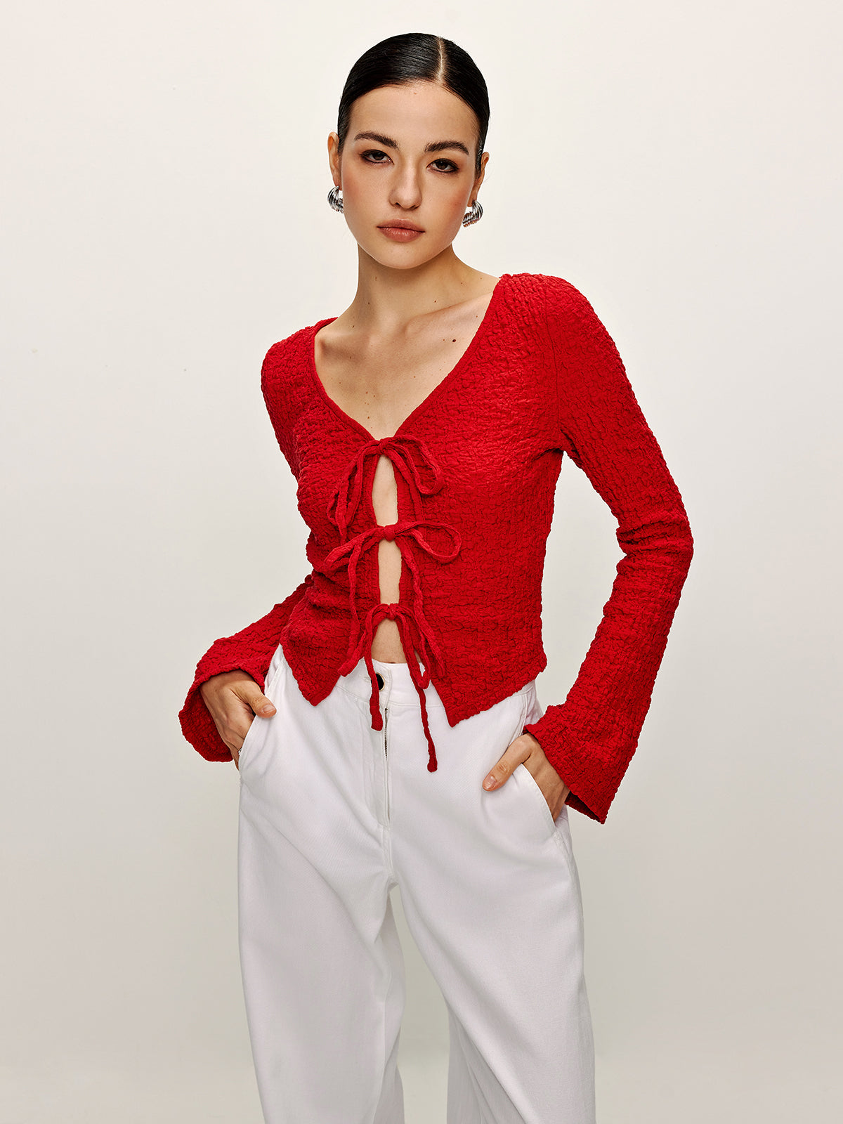 Weiche Bluse aus Baumwollmischgewebe mit Bindeband vorne