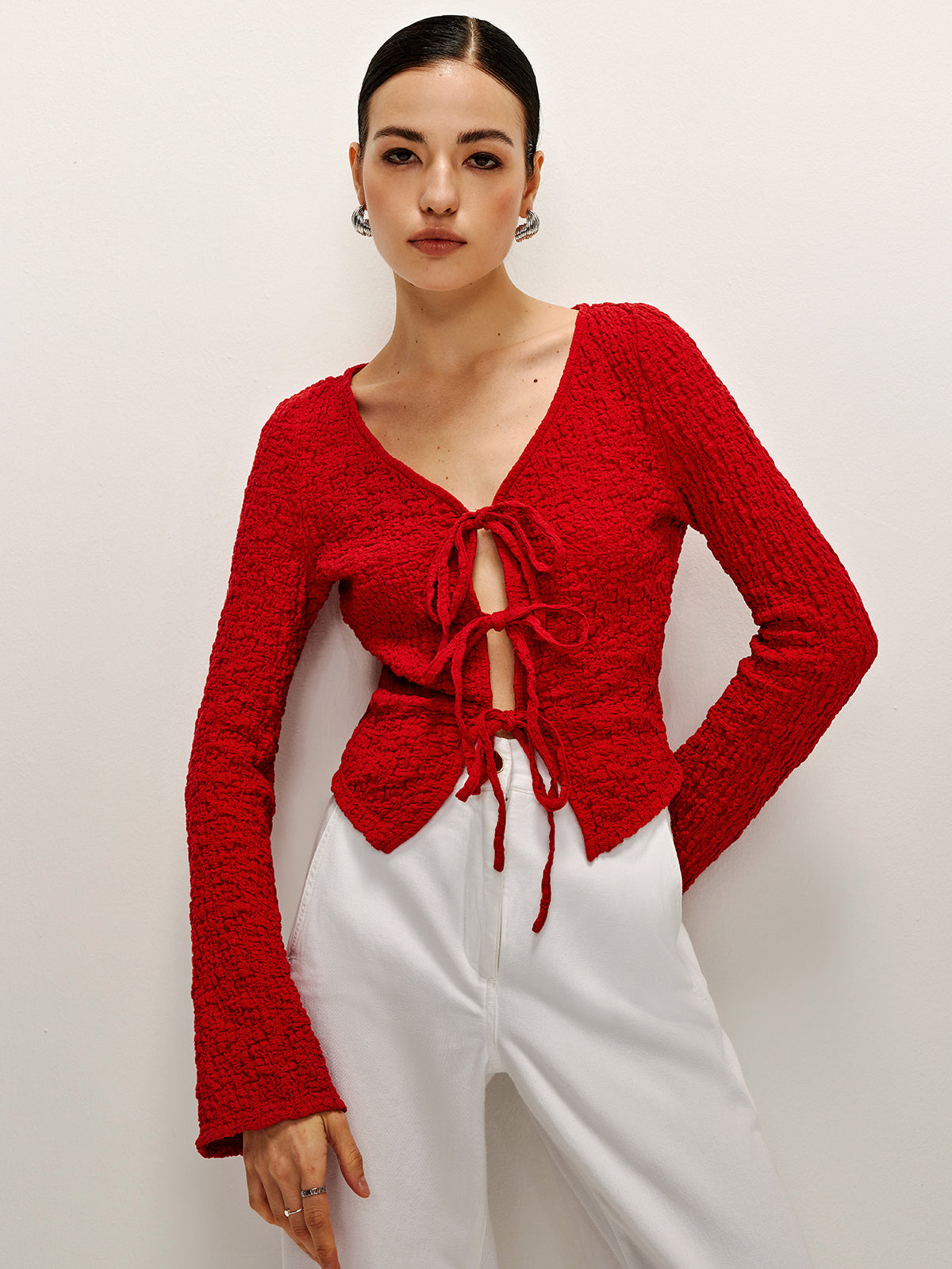 Weiche Bluse aus Baumwollmischgewebe mit Bindeband vorne