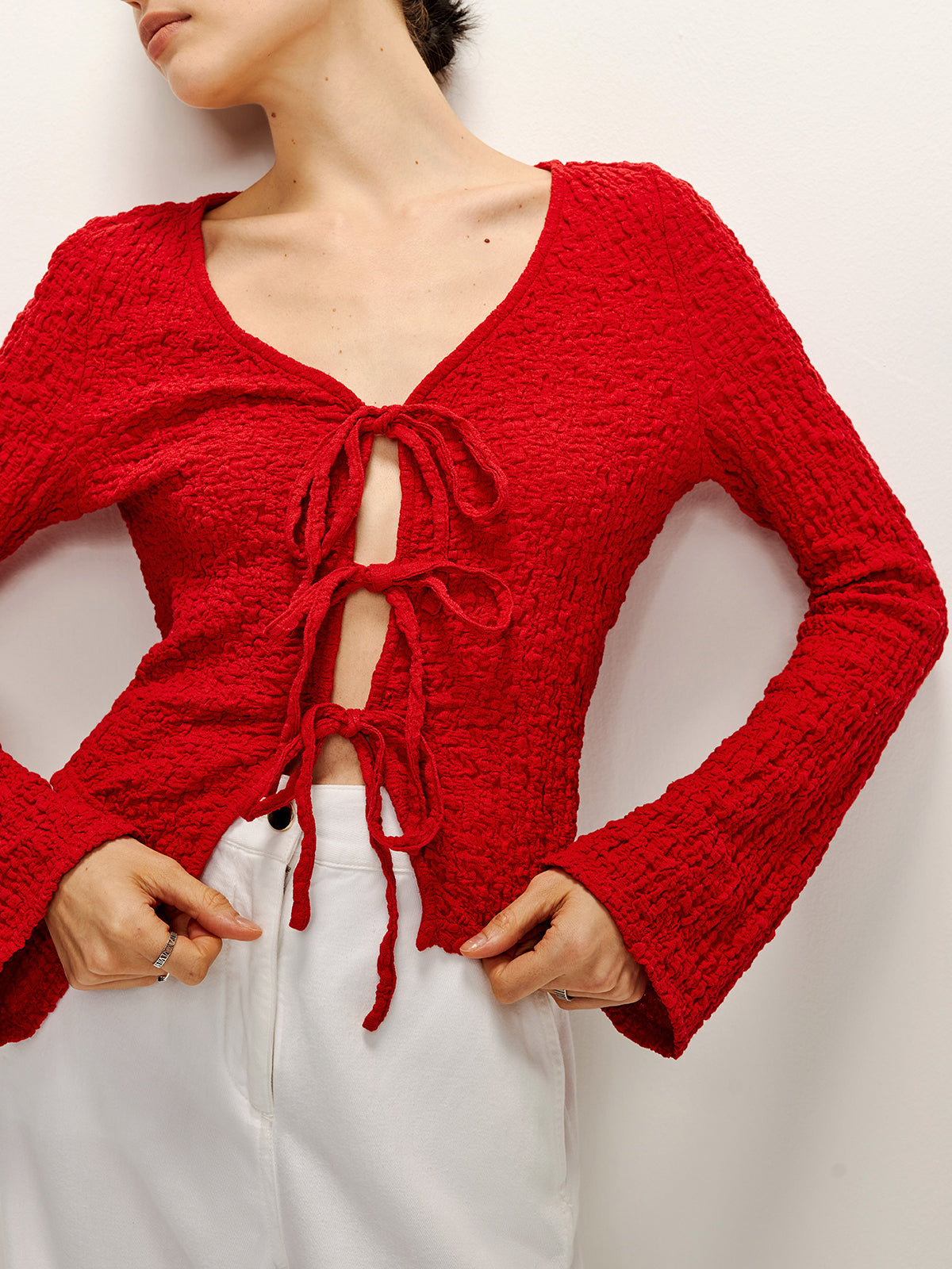 Weiche Bluse aus Baumwollmischgewebe mit Bindeband vorne