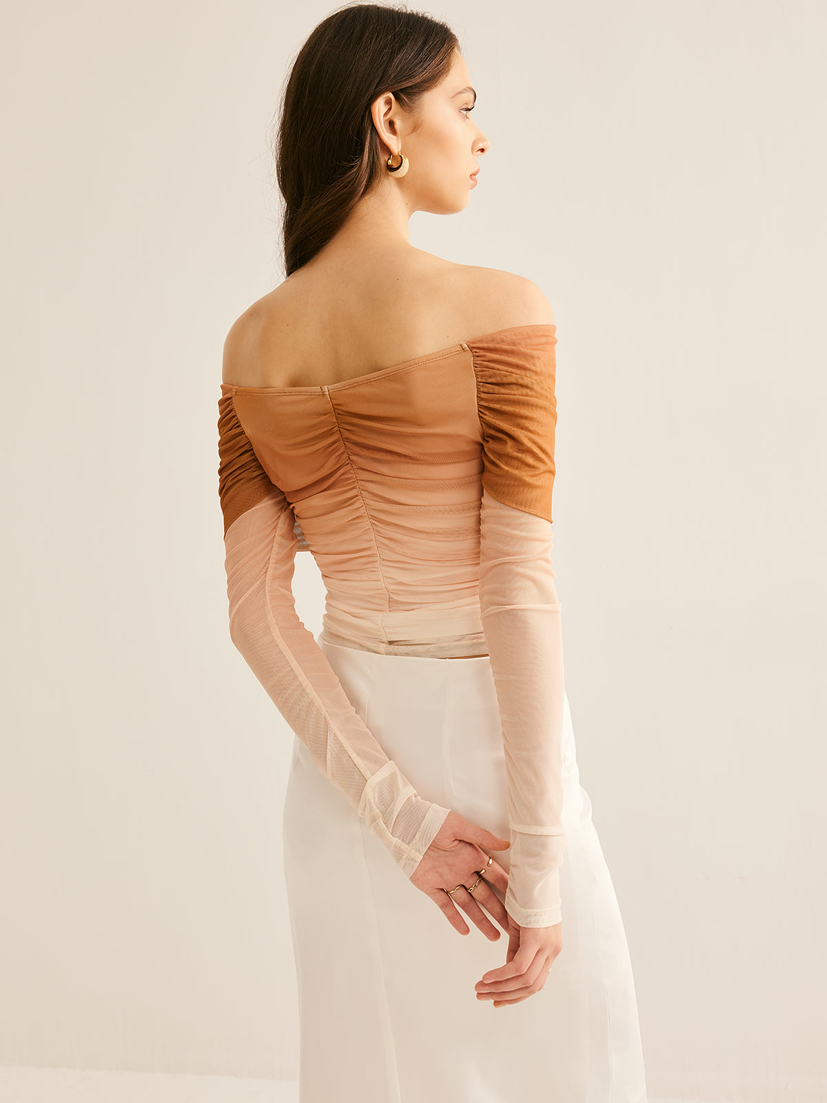 Semi-Sheer Off-Shoulder Mesh Gradient Blouse