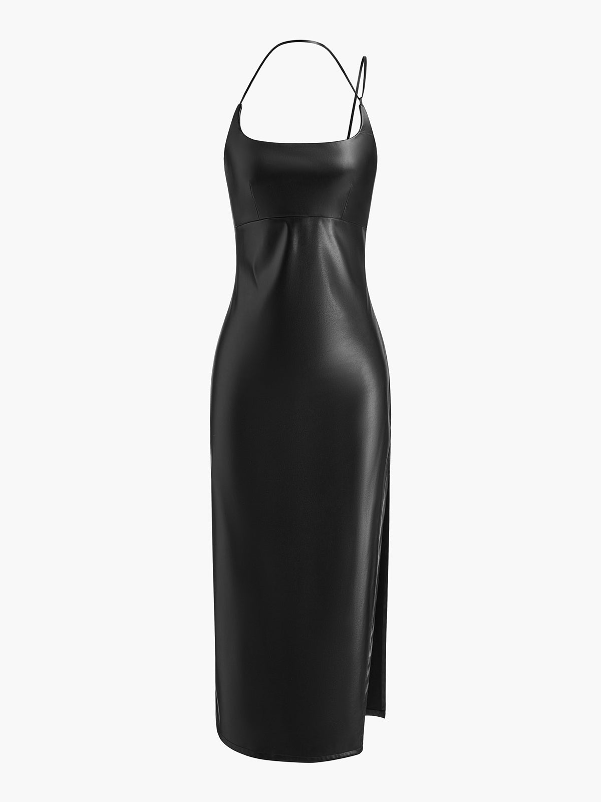 Robe à bretelles fines en cuir PU fendue sur le côté