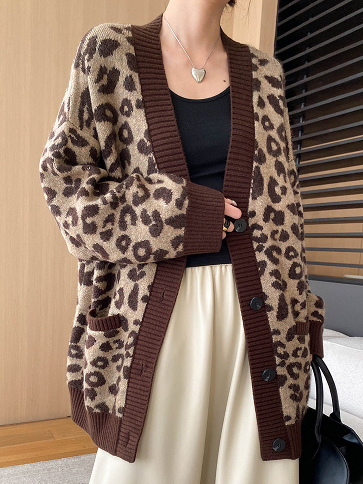 Leopard Contrast Trim Loose Cardigan