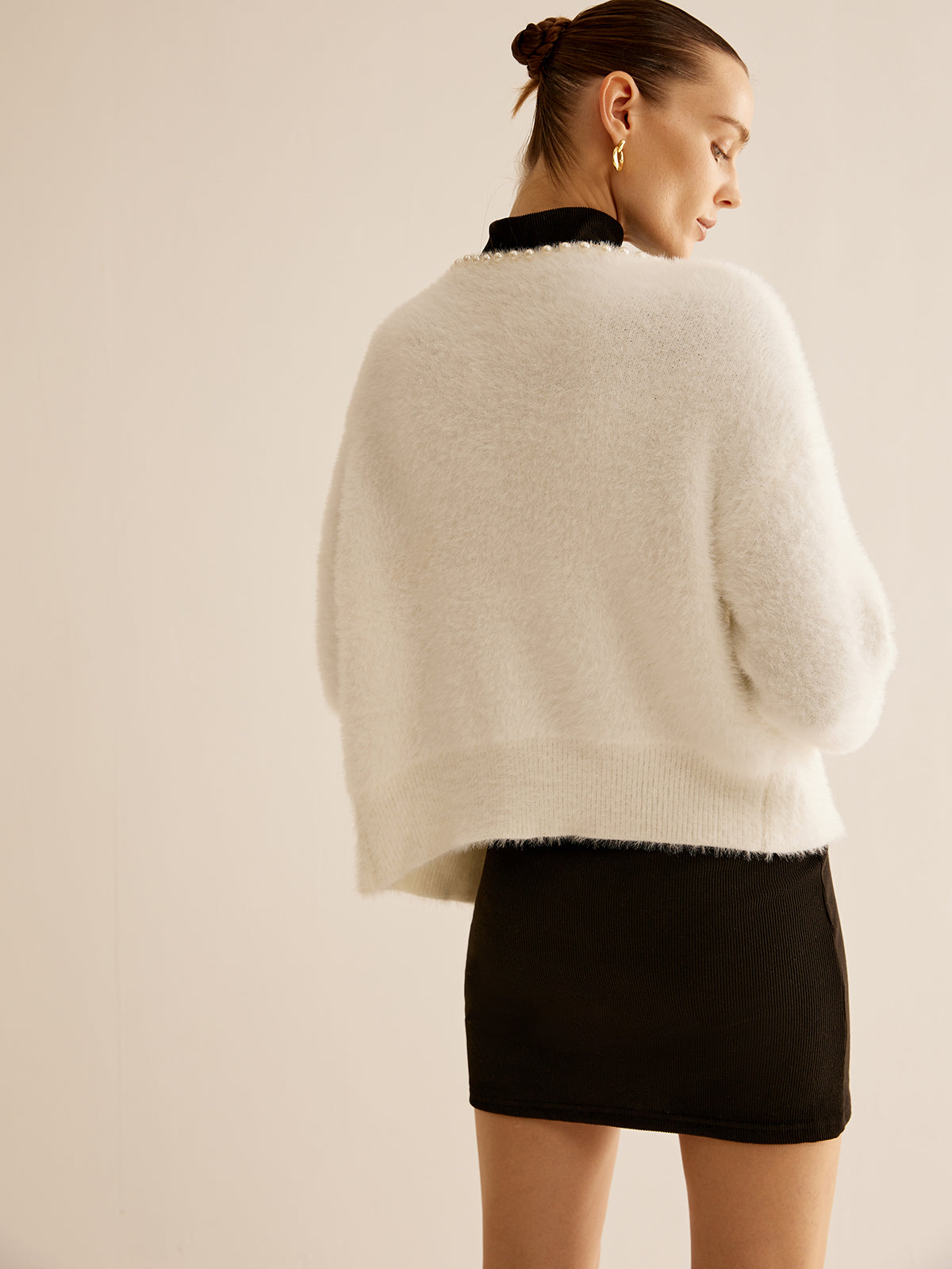 Cardigan duveteux surdimensionné à bordure de perles