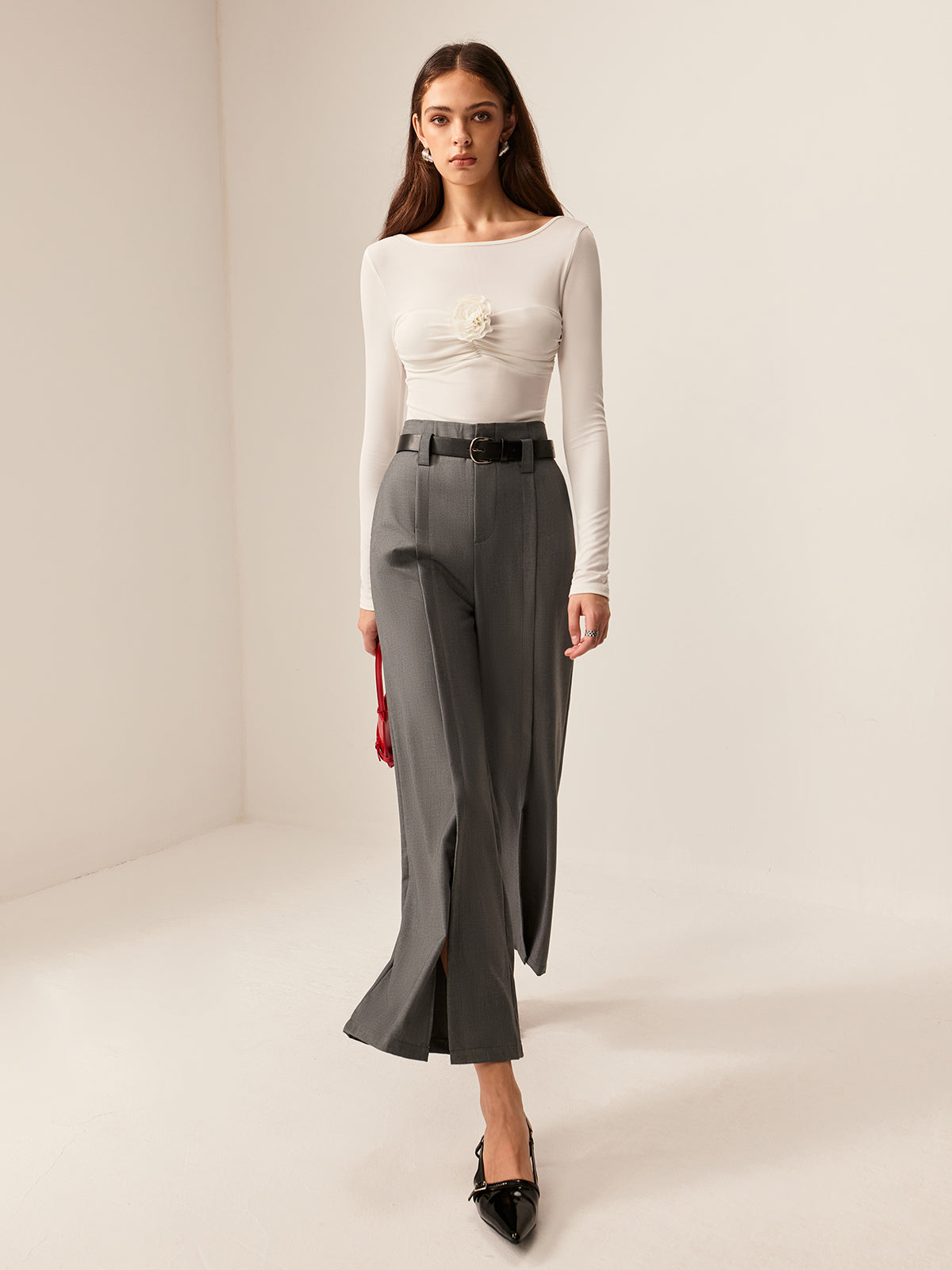 T-shirt à manches longues plissé à fleurs 3D