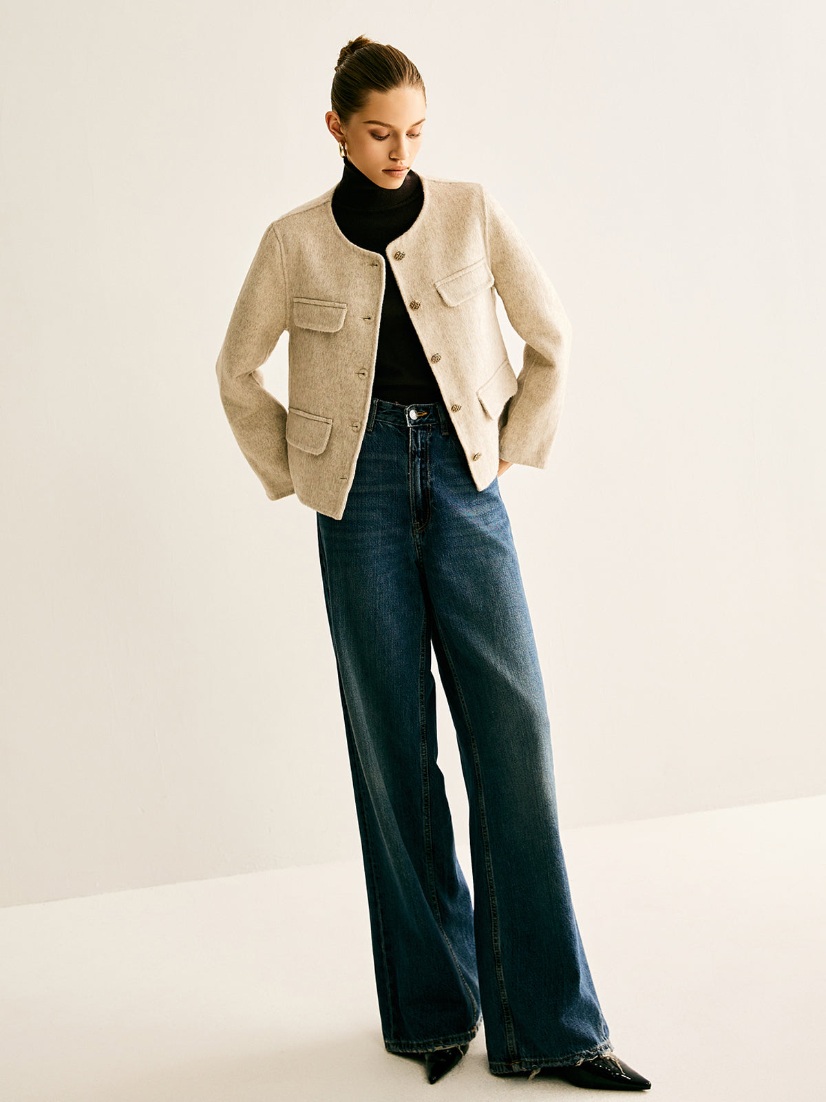 Wool-Blend Crew Neck Jacket