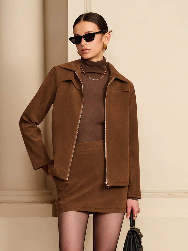 Suede Effect Zipper Jacket With Shoulder Pads