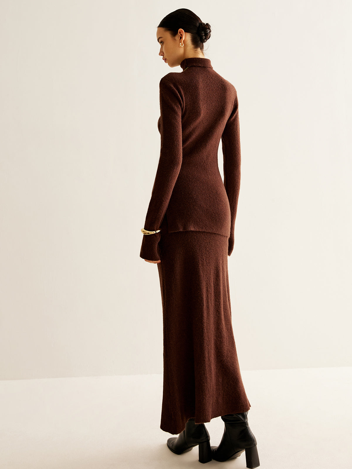 Plain Turtleneck Ribbed Soft Skirt Set