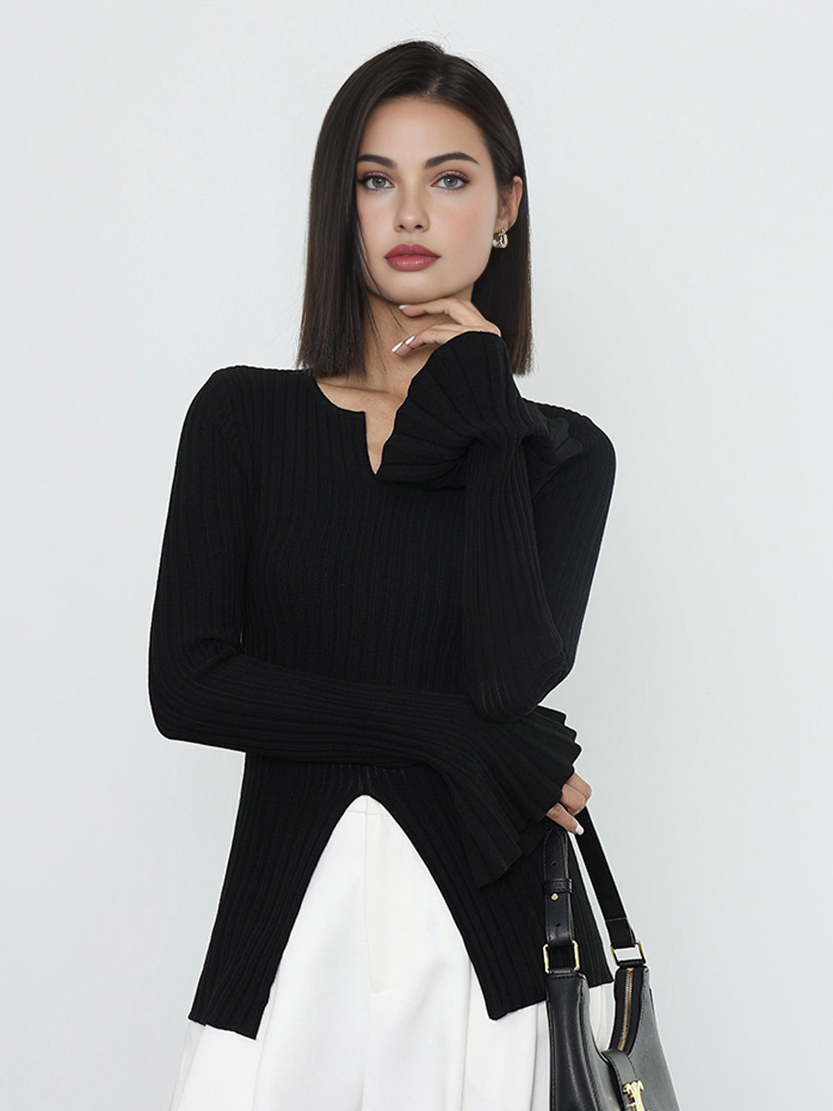 Haut en maille côtelée fendue à volants