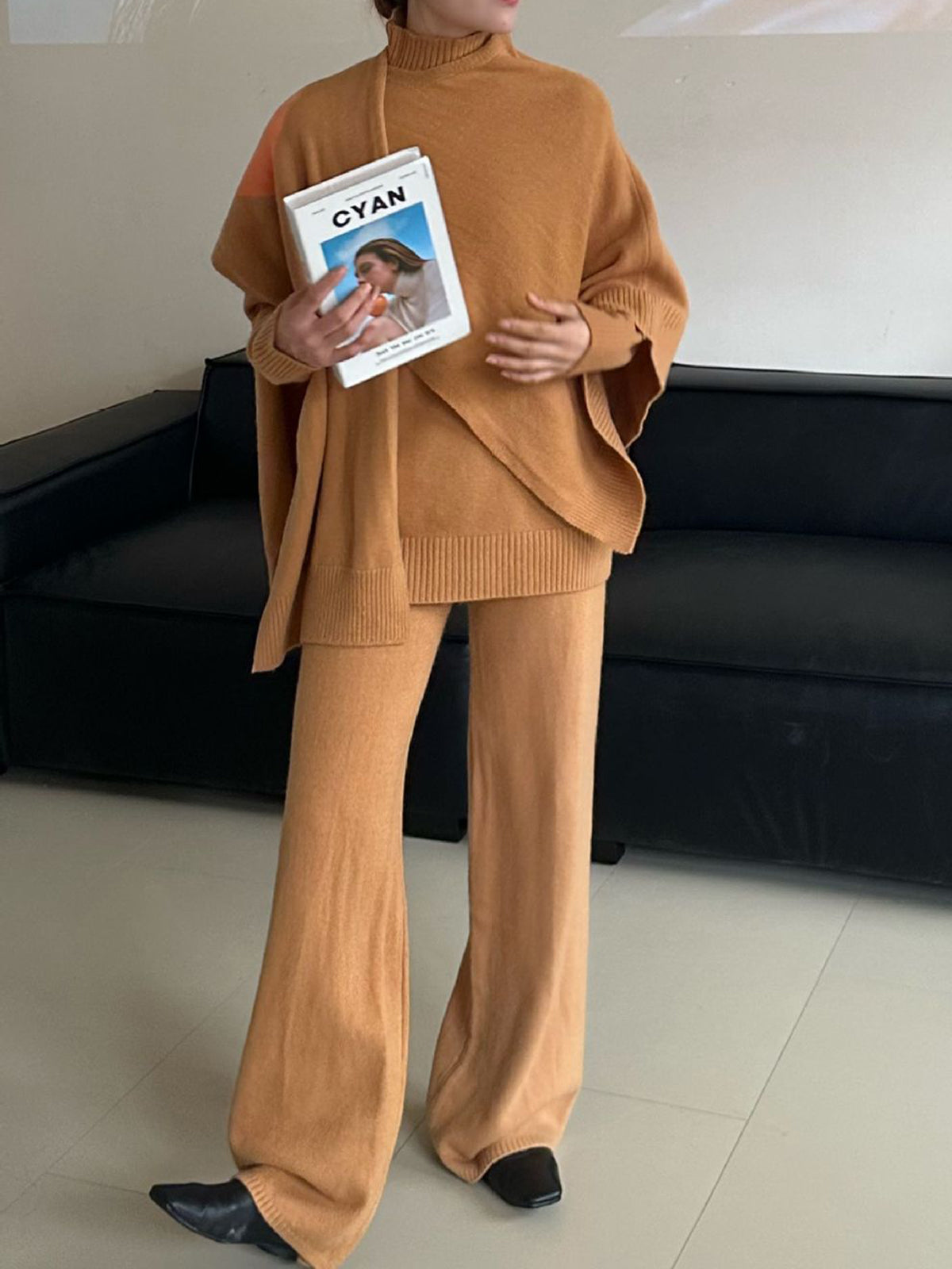 Ensemble pull et pantalon trois pièces à col montant uni