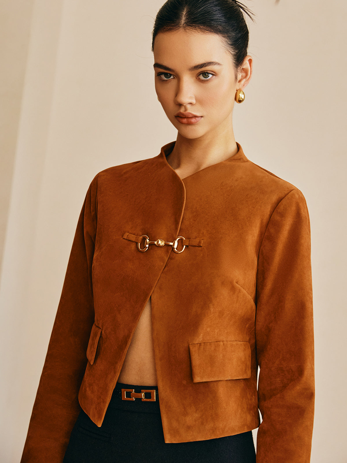 Metal-Detail Suede Effect Jacket