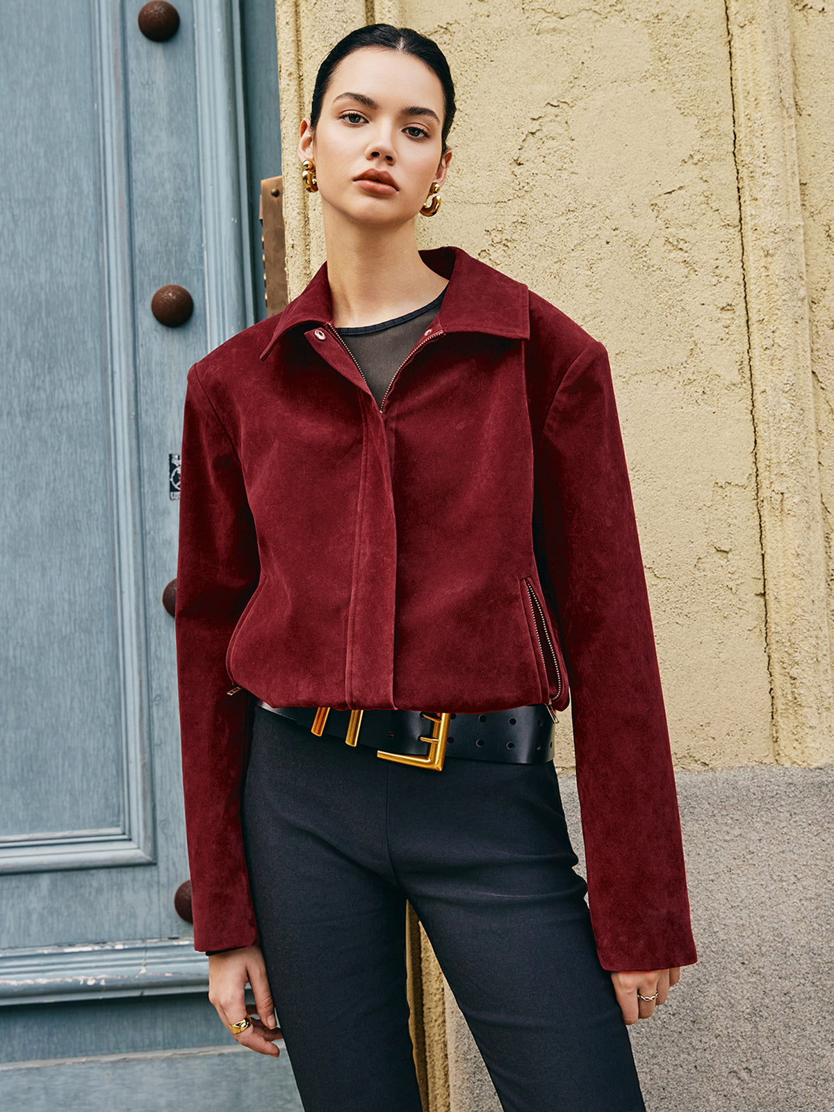 Zipper-Pockets Lapel Suede Effect Jacket