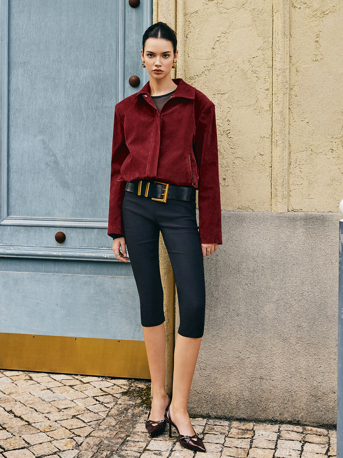 Zipper-Pockets Lapel Suede Effect Jacket