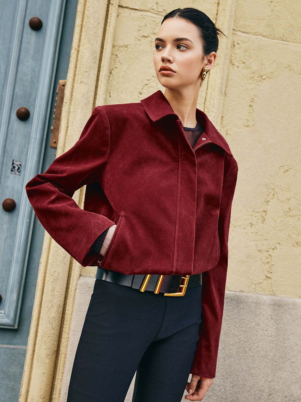 Zipper-Pockets Lapel Suede Effect Jacket