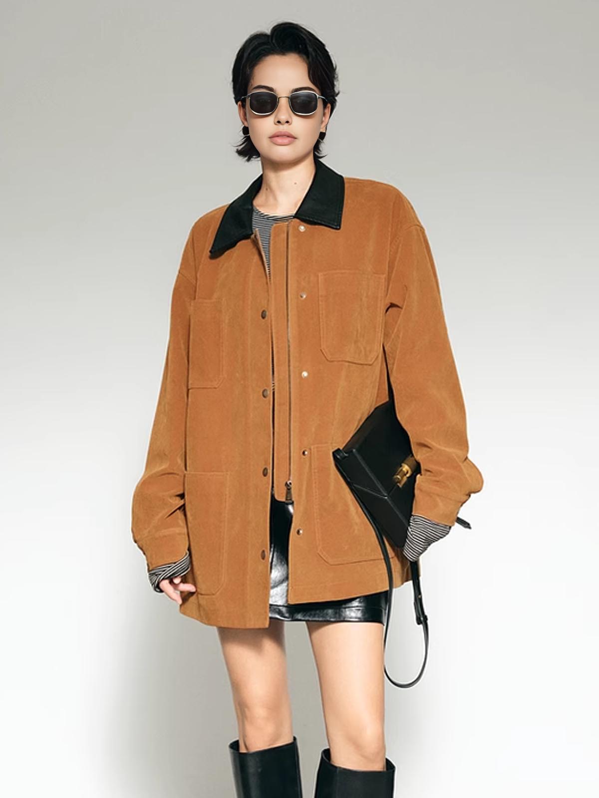 Contrast Collar Oversized Suede Effect Jacket