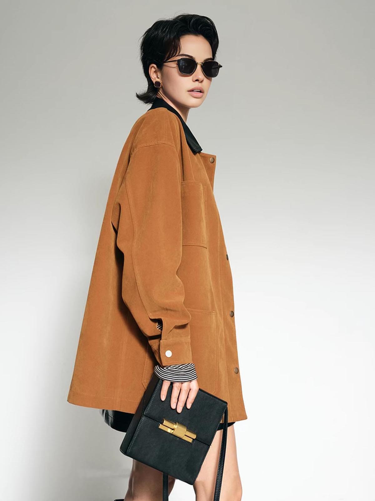 Contrast Collar Oversized Suede Effect Jacket