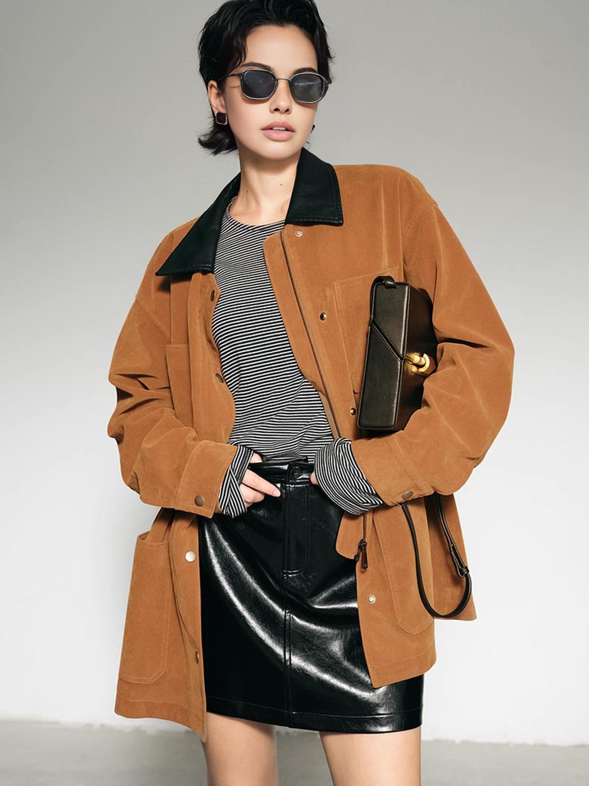 Contrast Collar Oversized Suede Effect Jacket