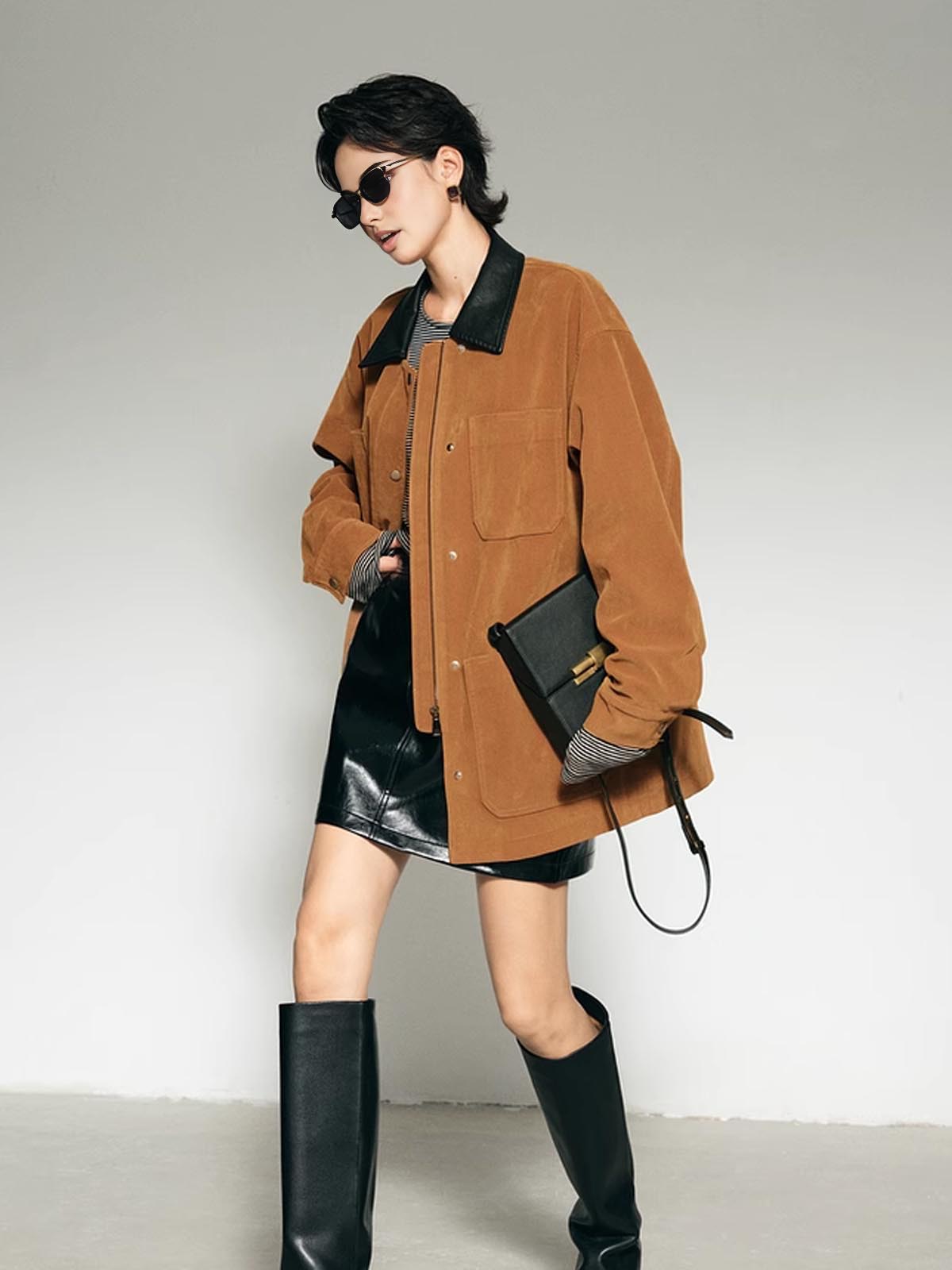 Contrast Collar Oversized Suede Effect Jacket