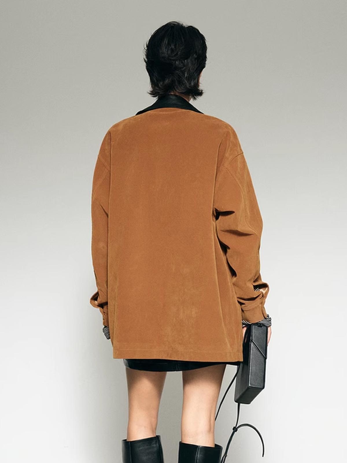 Contrast Collar Oversized Suede Effect Jacket