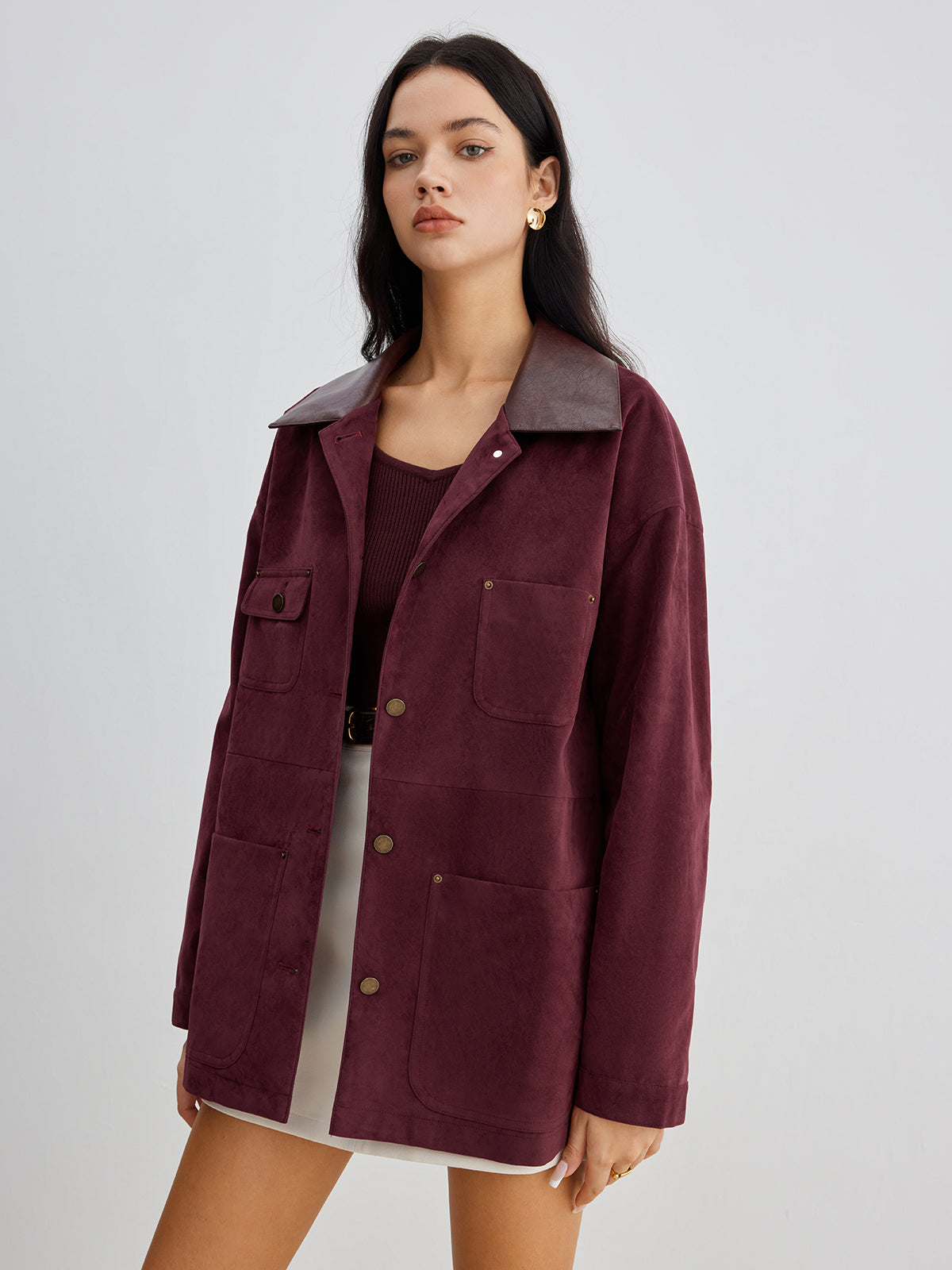 Suede Effect Contrast Collar Pockets Jacket