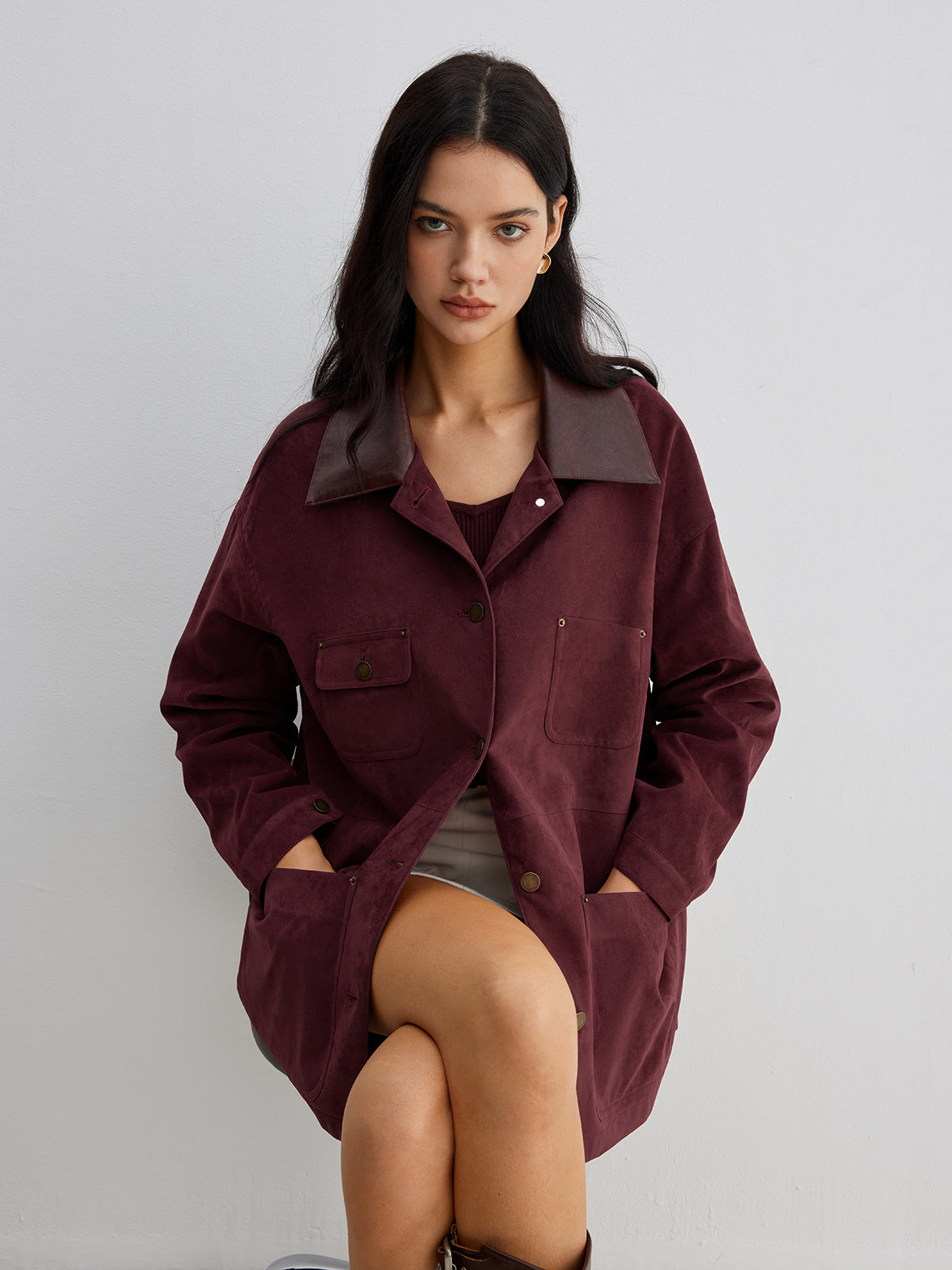 Suede Effect Contrast Collar Pockets Jacket