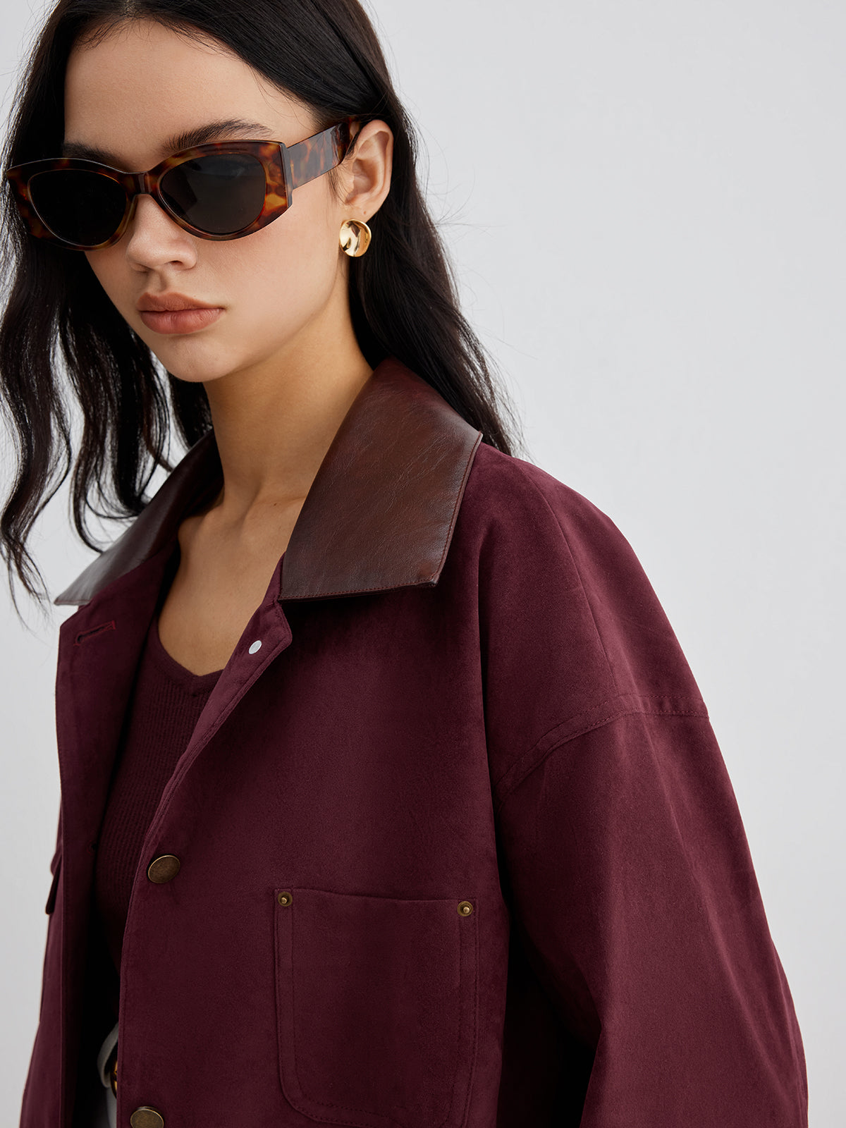 Suede Effect Contrast Collar Pockets Jacket