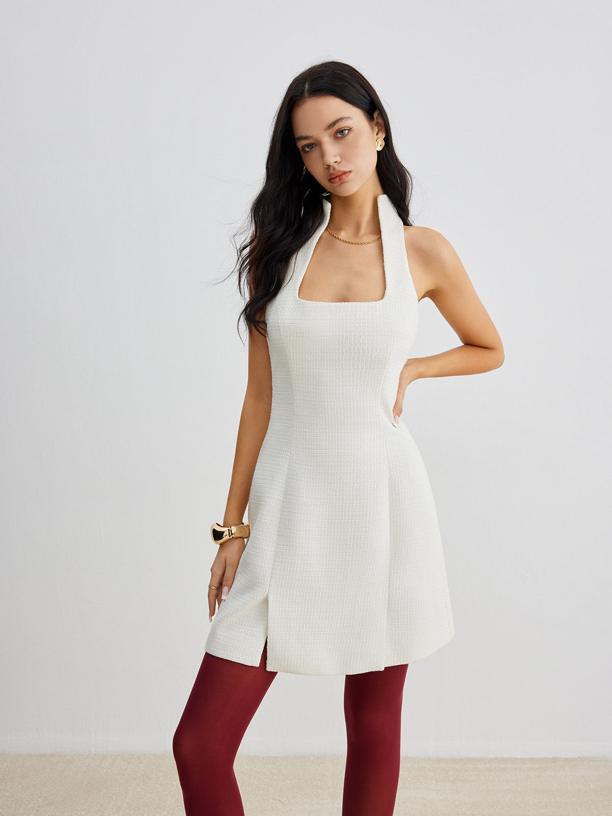 Kleid aus Tweed mit eckigem Ausschnitt und Reißverschluss