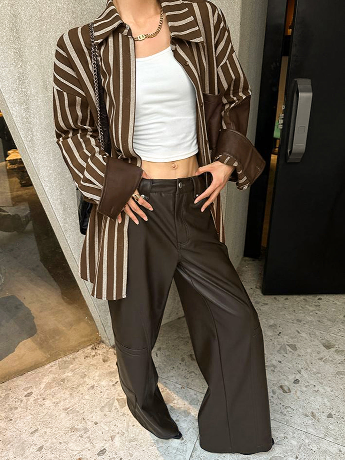 Oversized Cotton Panel Pinstripe Polo Shirt