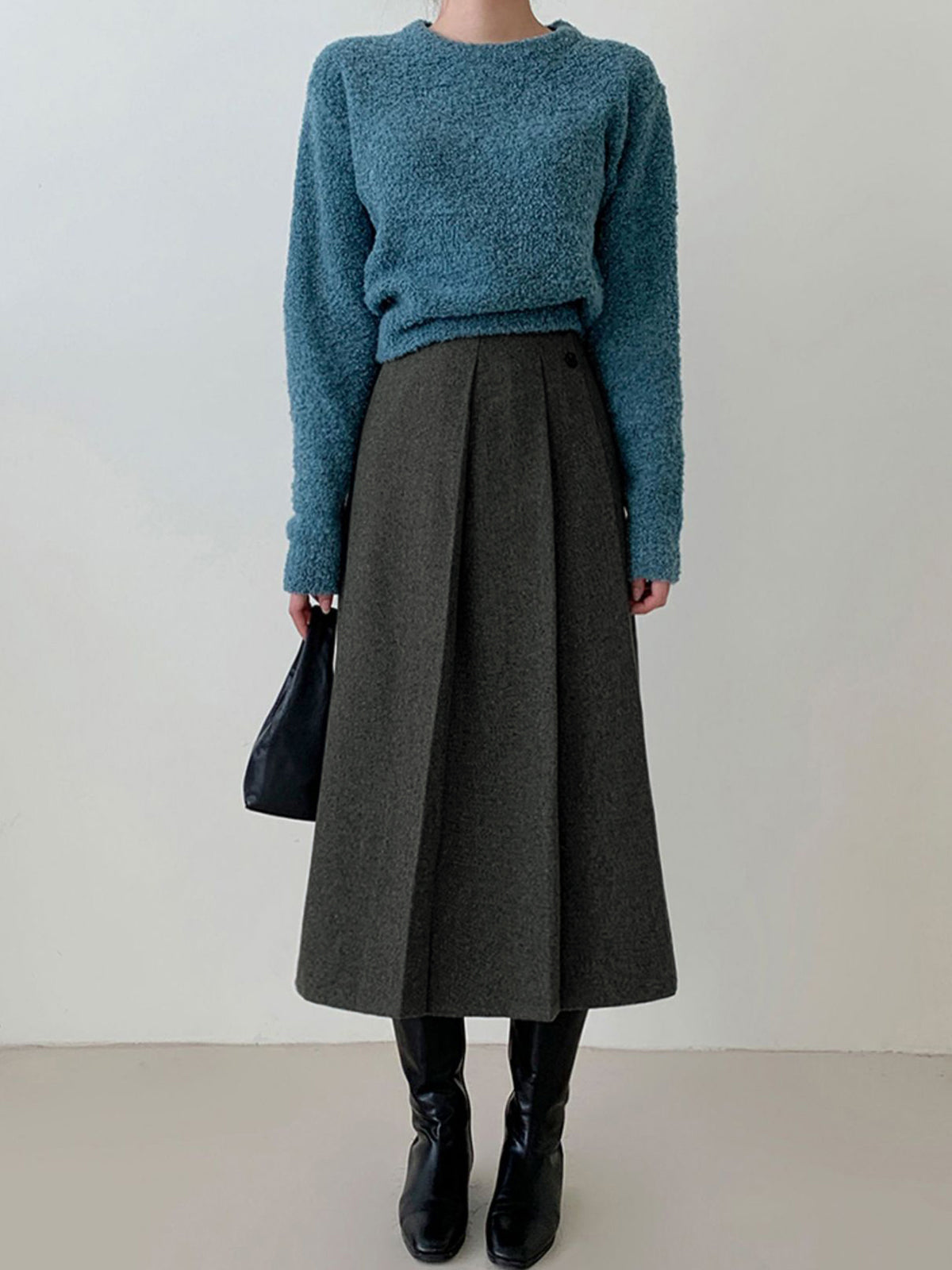 Tweed-Plissee-Midirock mit Knöpfen