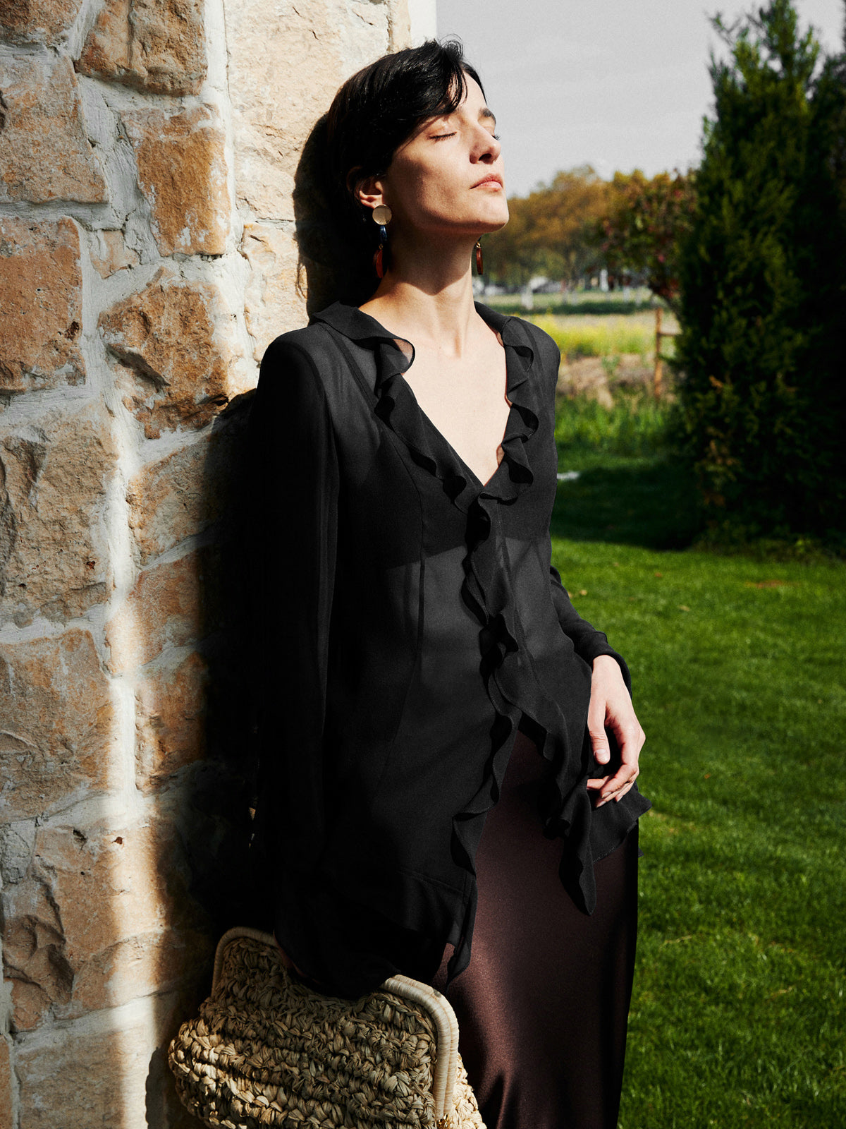 Semi-Sheer Ruffle Split Thin Blouse