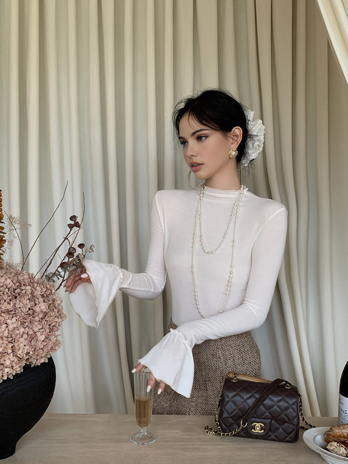 Haut en jersey uni à poignets volantés